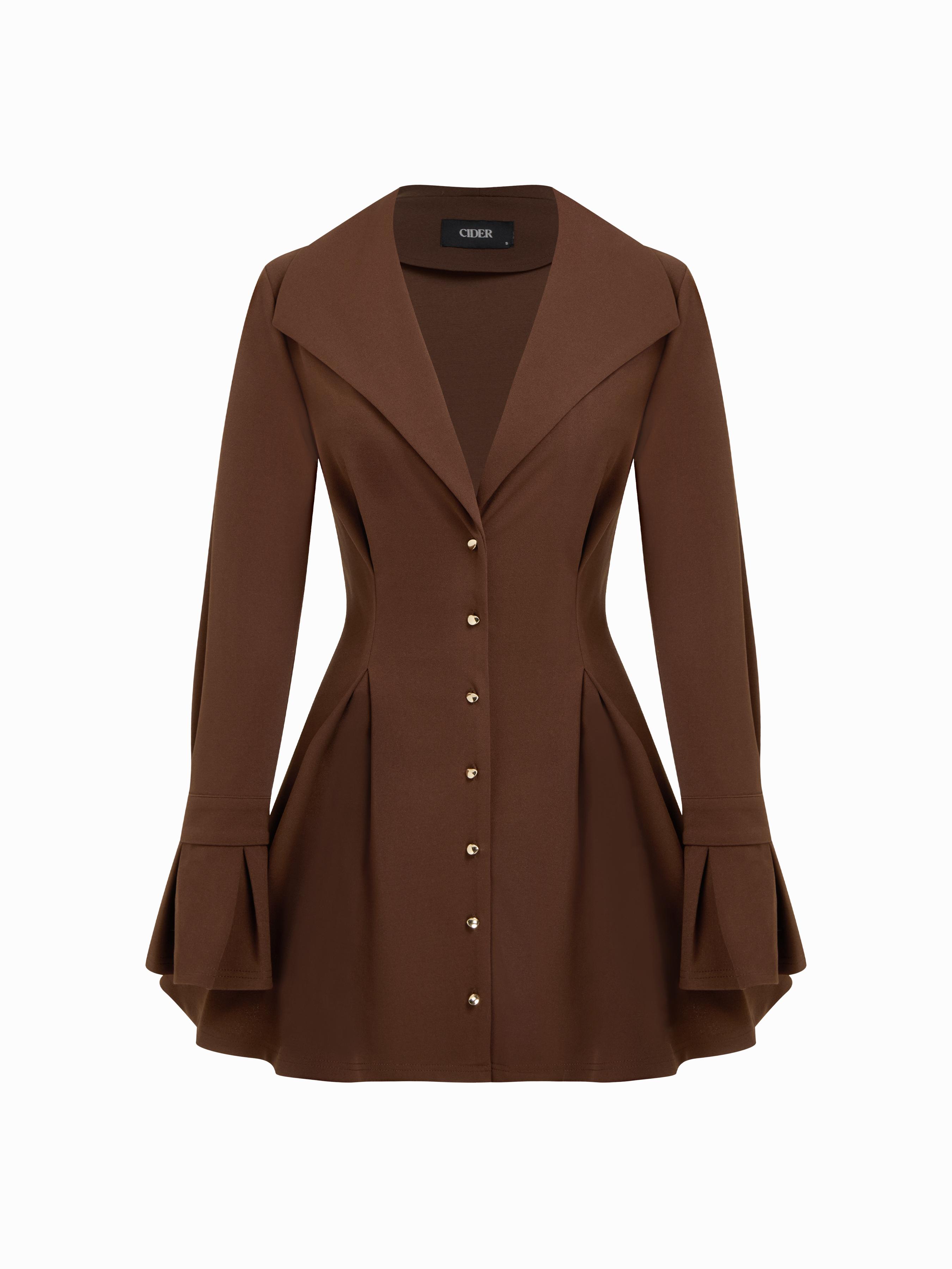 Collar V-neck Bell Sleeve Metal Button Ruffle Mini Dress by CIDER