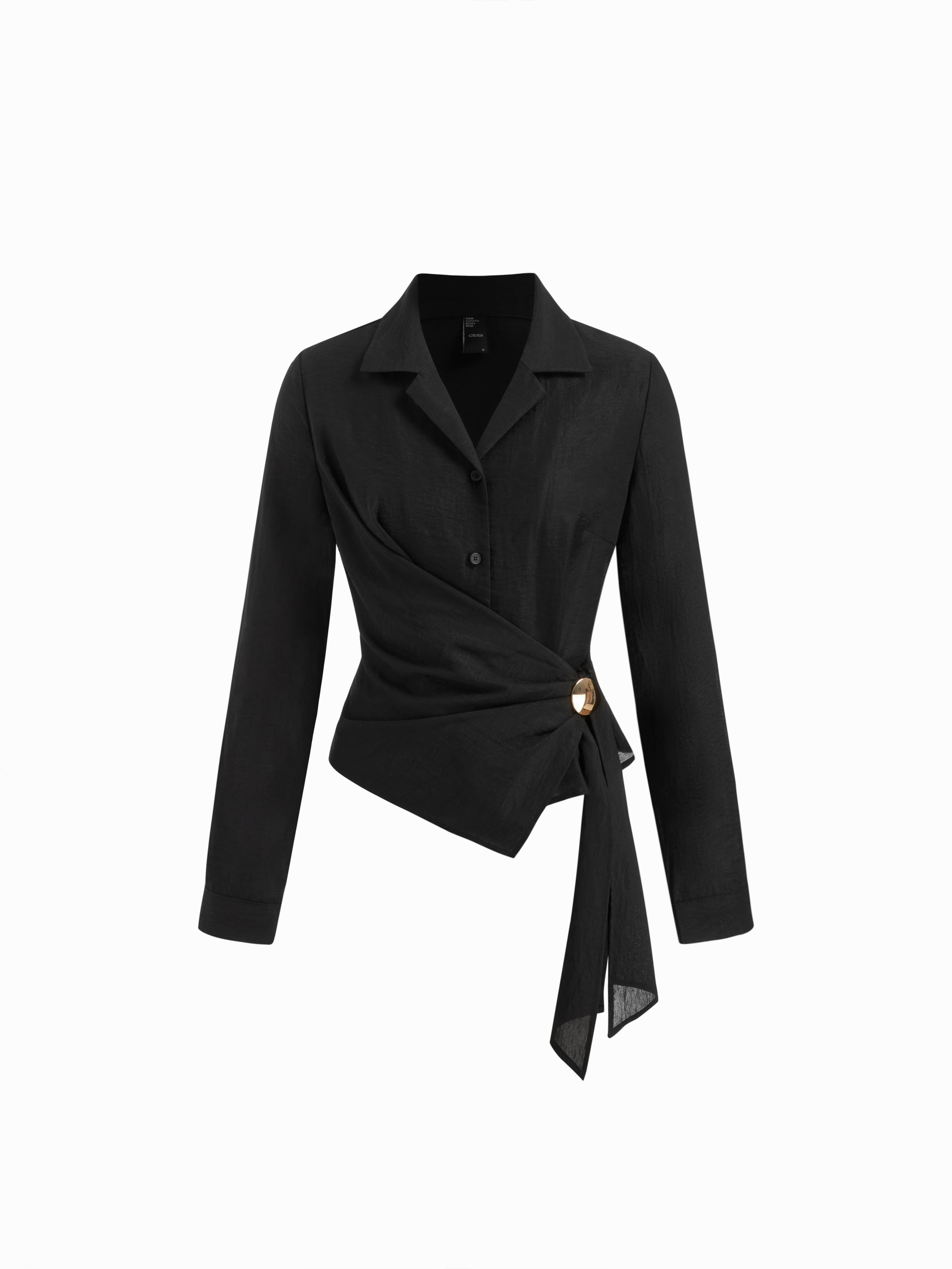 Collar Wrap Metal Detail Ruched Long Sleeve Shirt by CIDER