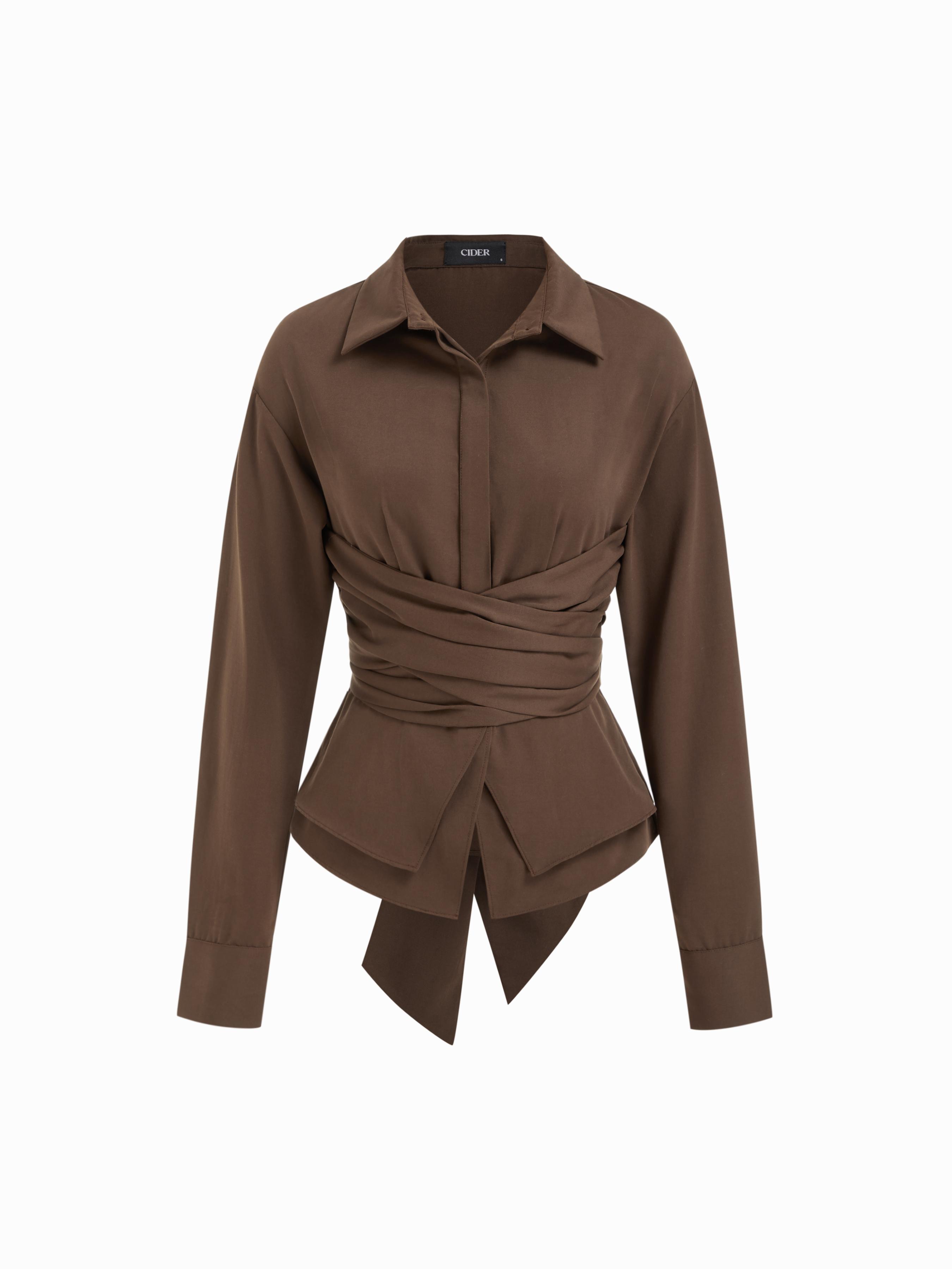 Collar Wrap Ruched Bowknot Long Sleeve Blouse by CIDER