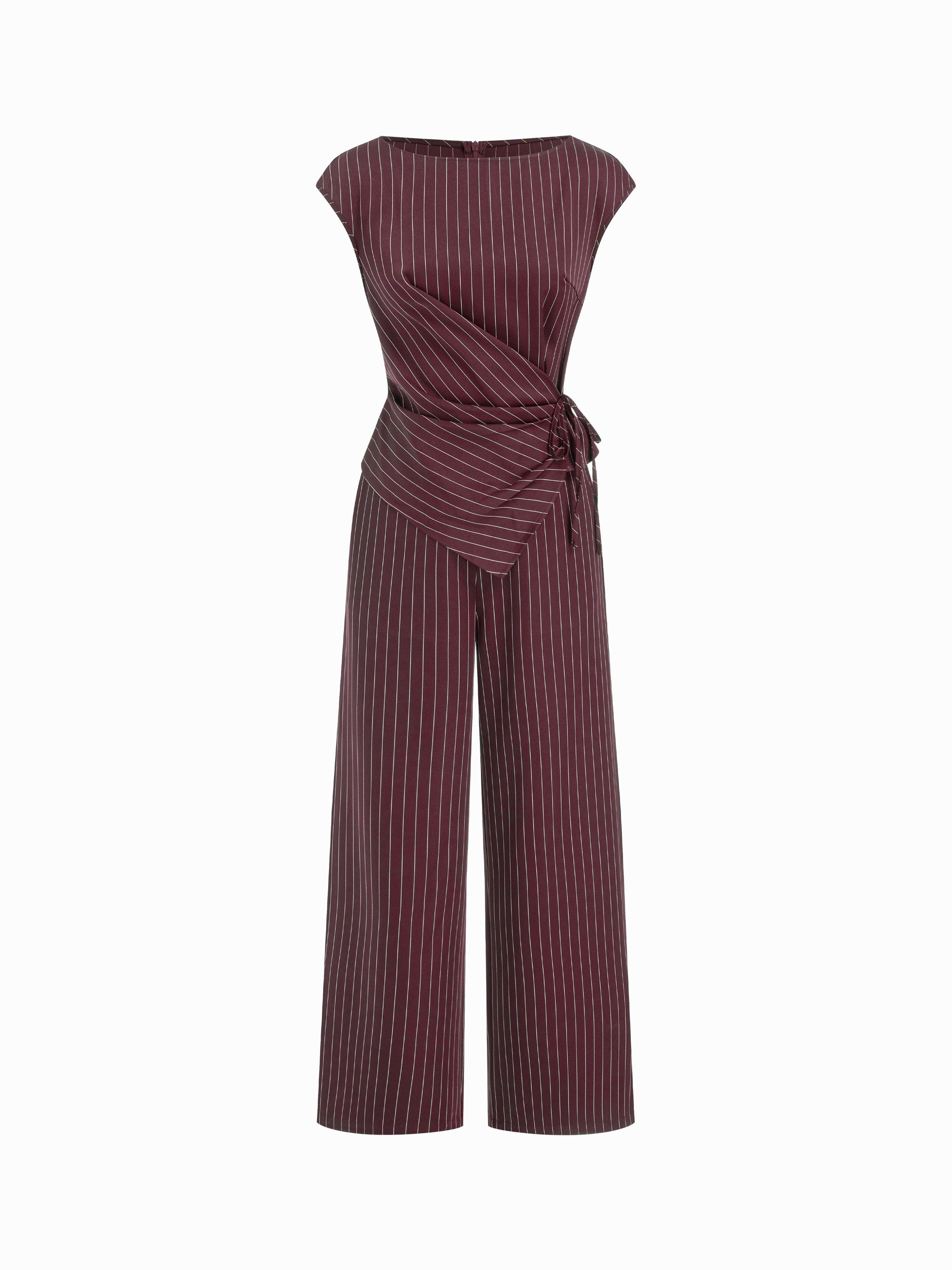 Collarless Striped Asymmetrical Hem Knotted Jumpsuit by CIDER