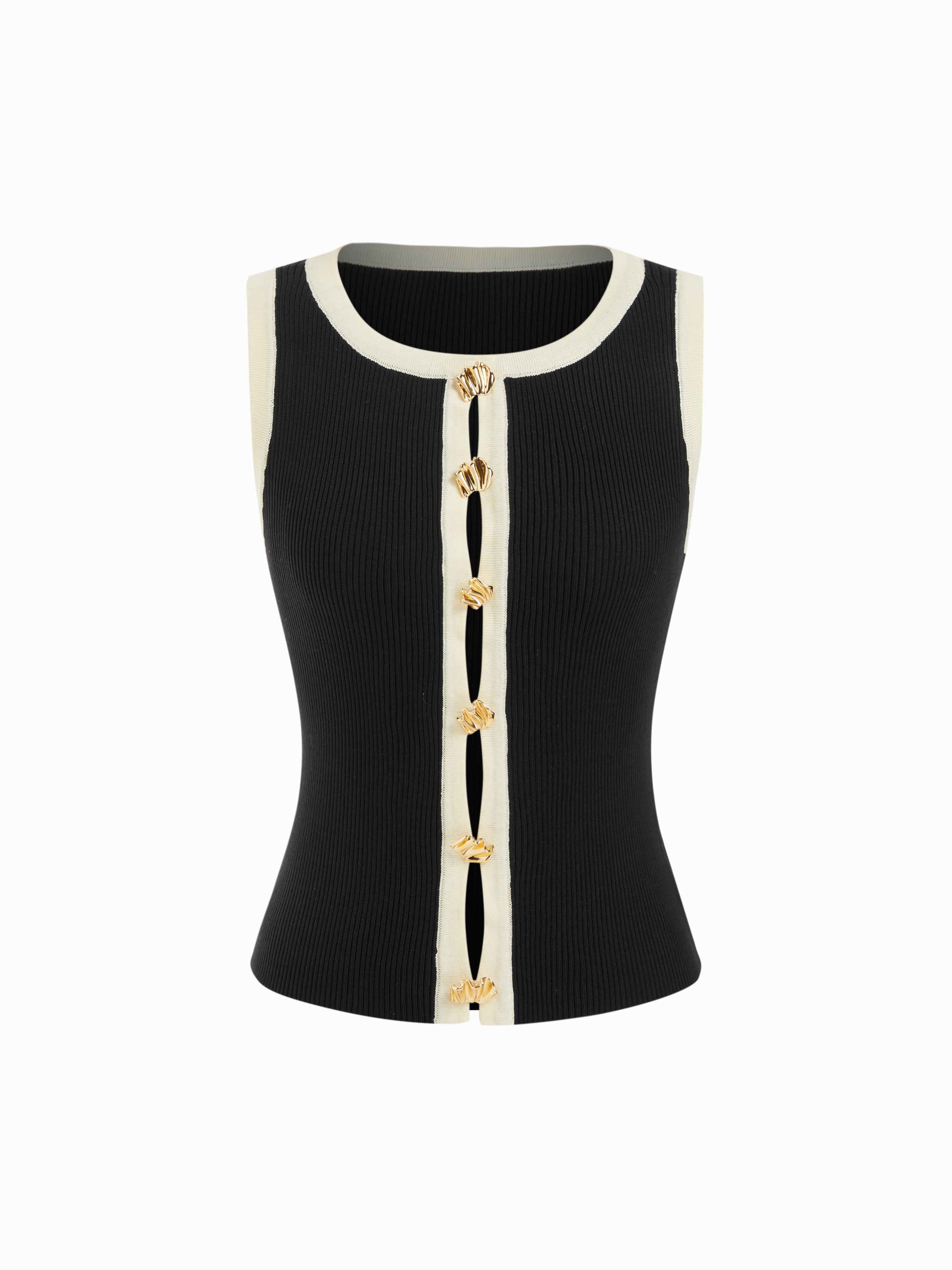 Color-Blocked Ribbed Knit Round Neck Crop Top by CIDER