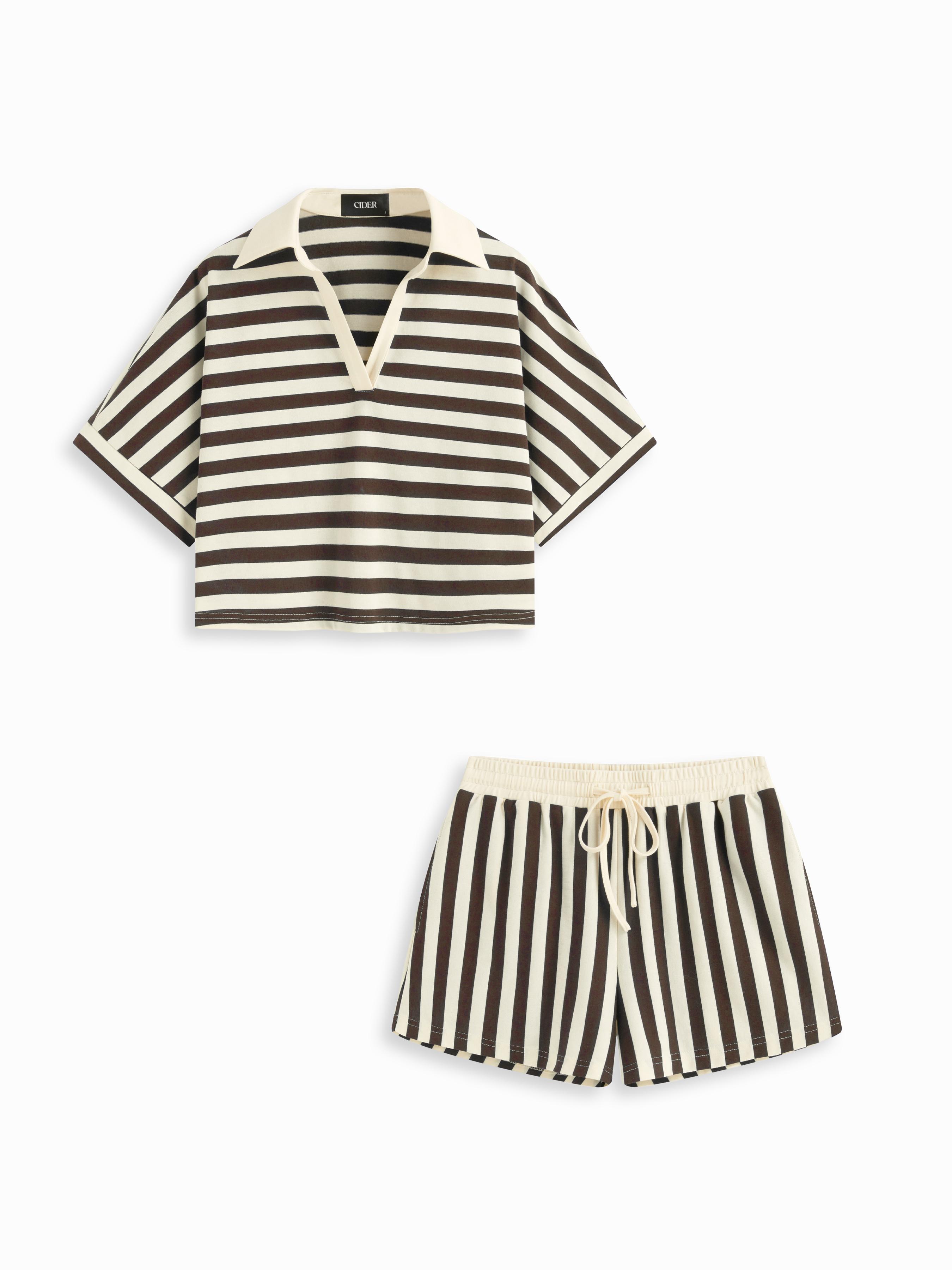 Color-Blocked Stripes Collar Top & Mid Rise Drawstring Shorts Set by CIDER