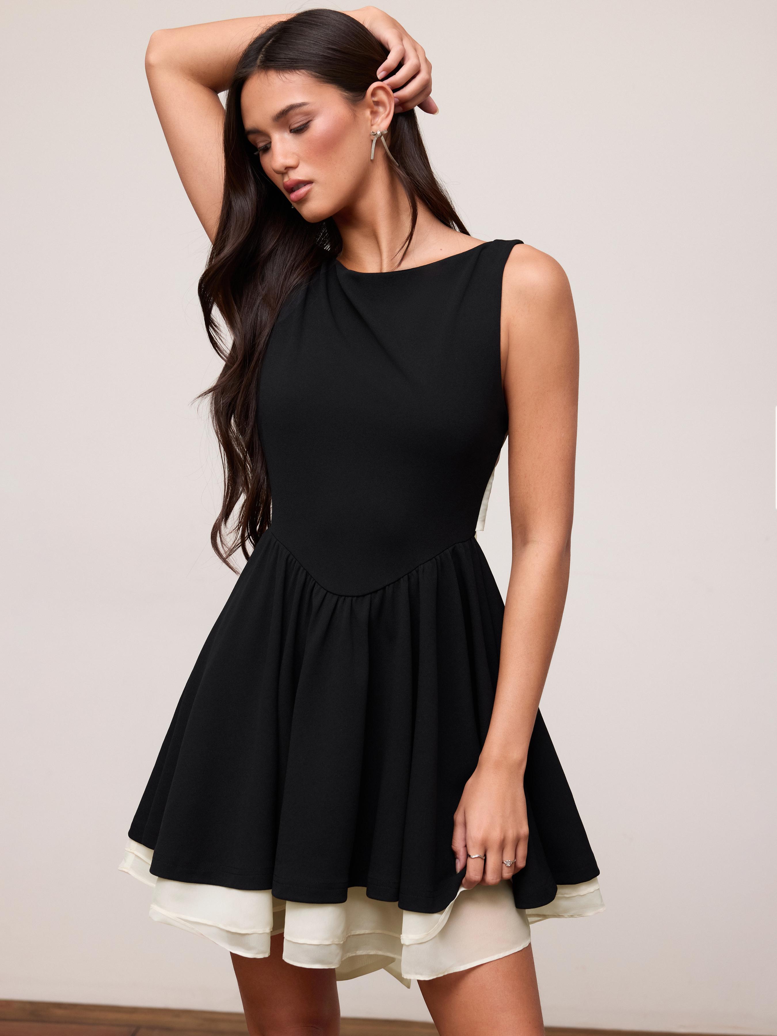 Colorblock Boat Neck High Rise Bowknot Flared Mini Dress by CIDER