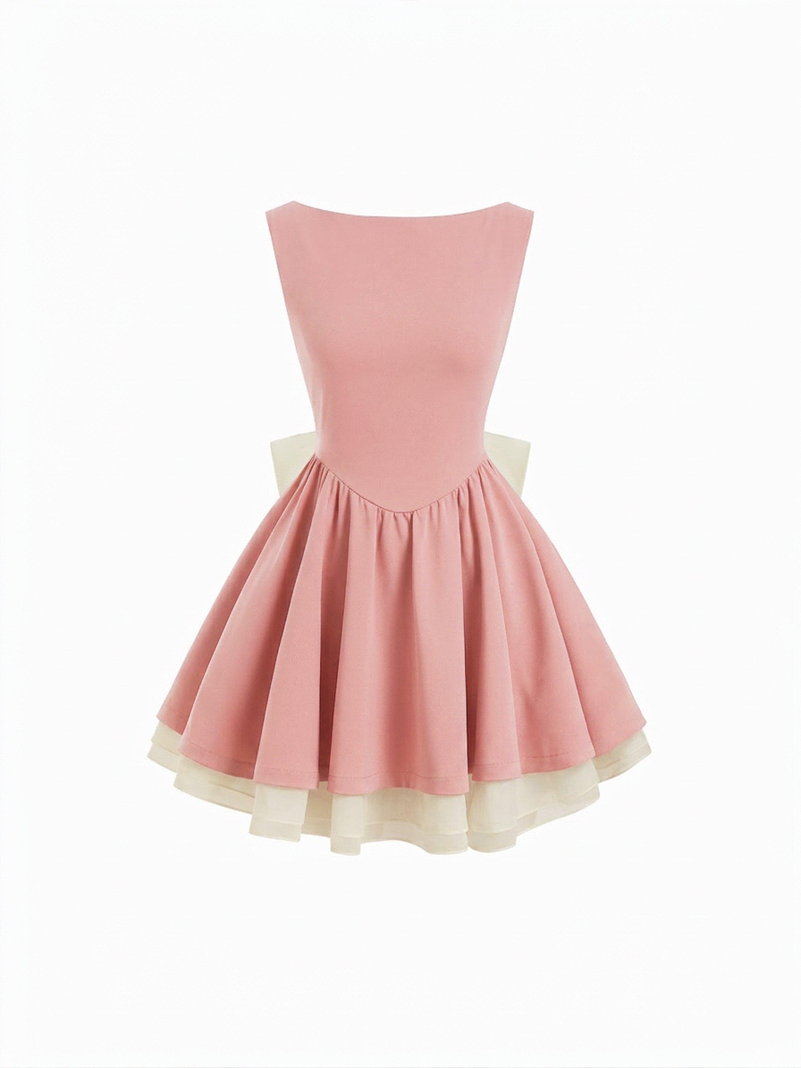 Colorblock Boat Neck High Rise Bowknot Flared Mini Dress by CIDER