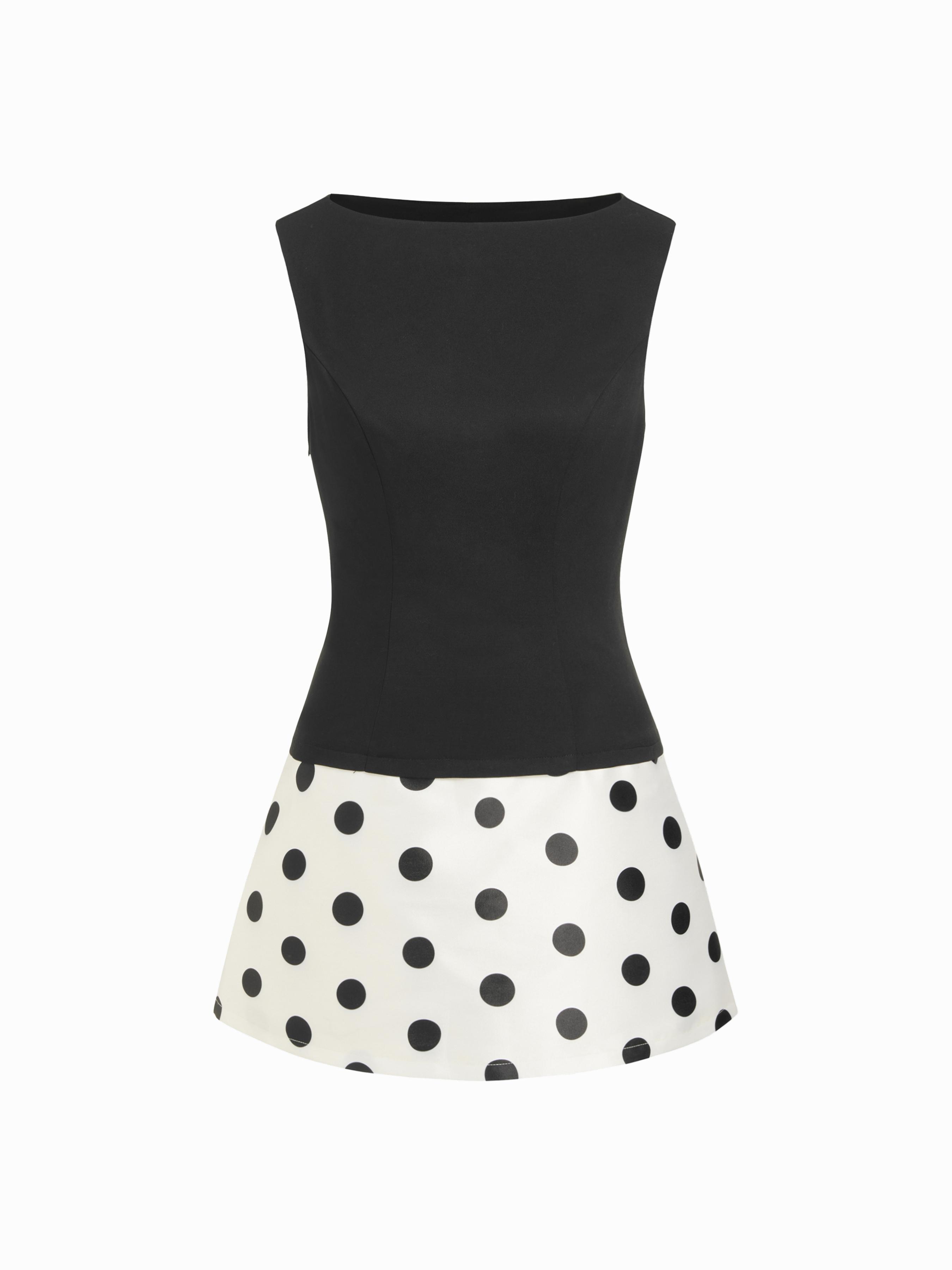 Colorblock Boat Neck Polka Dot A-line Mini Dress by CIDER