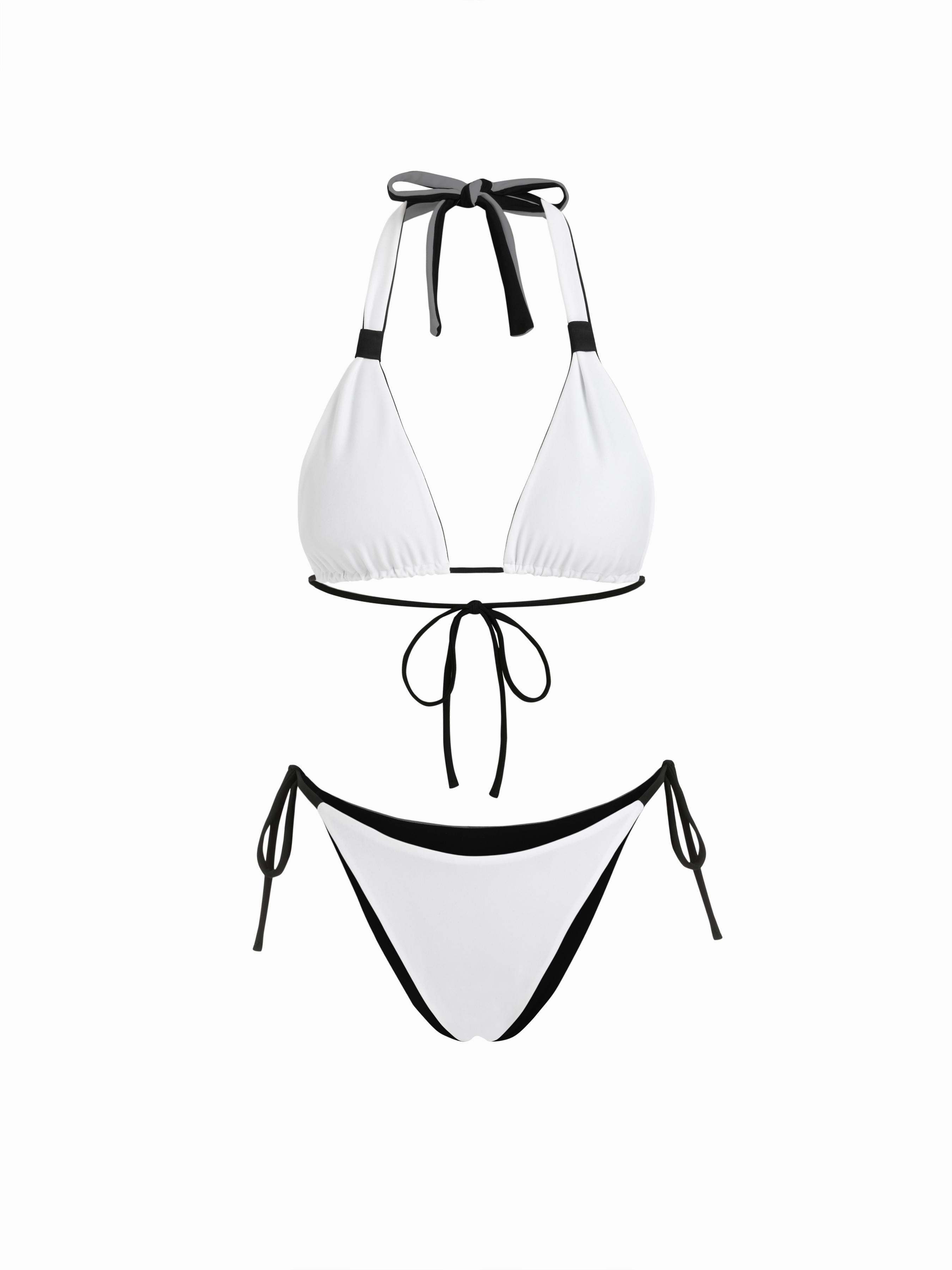 Colorblock Reversible Halter Neck Ruched Tie Side Triangle Bikini Set by CIDER