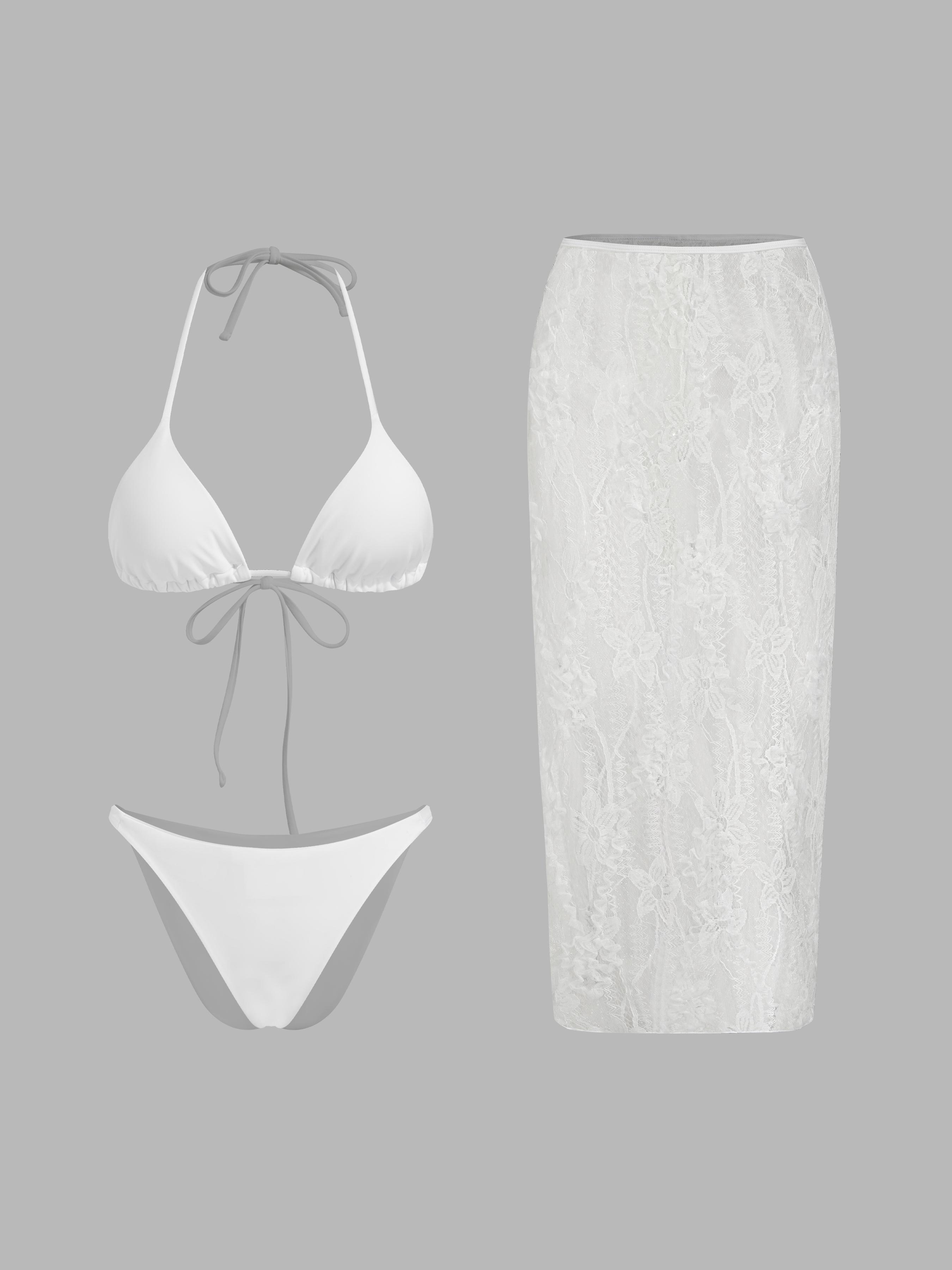 Conjunto de bikini triangular con nudos en el cuello halter y falda cubierta floral by CIDER