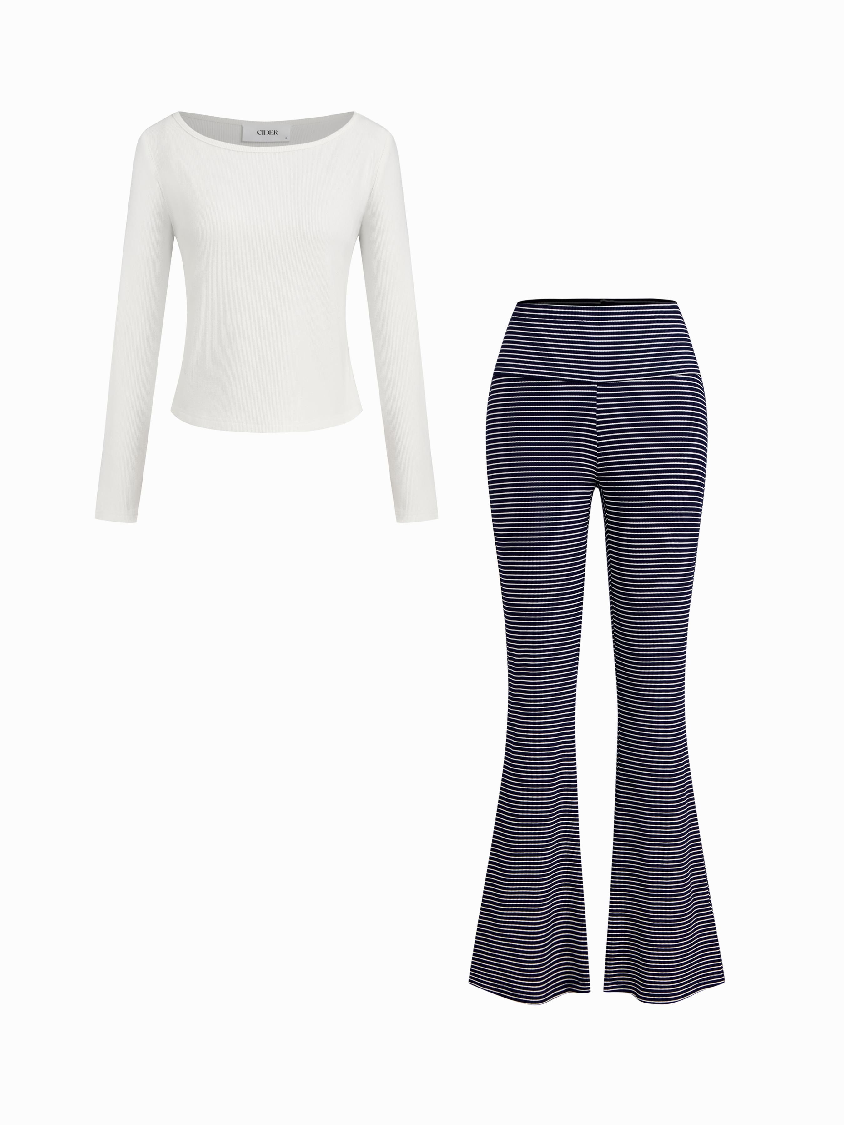 Conjunto de ropa de estar en casa: Top de manga larga con cuello en barco y Pantalones abiertos a rayas de talla media by CIDER Conjunto de ropa de estar en casa: Top de manga larga con cuello en barco y Pantalones abiertos a rayas de talla media by CIDER