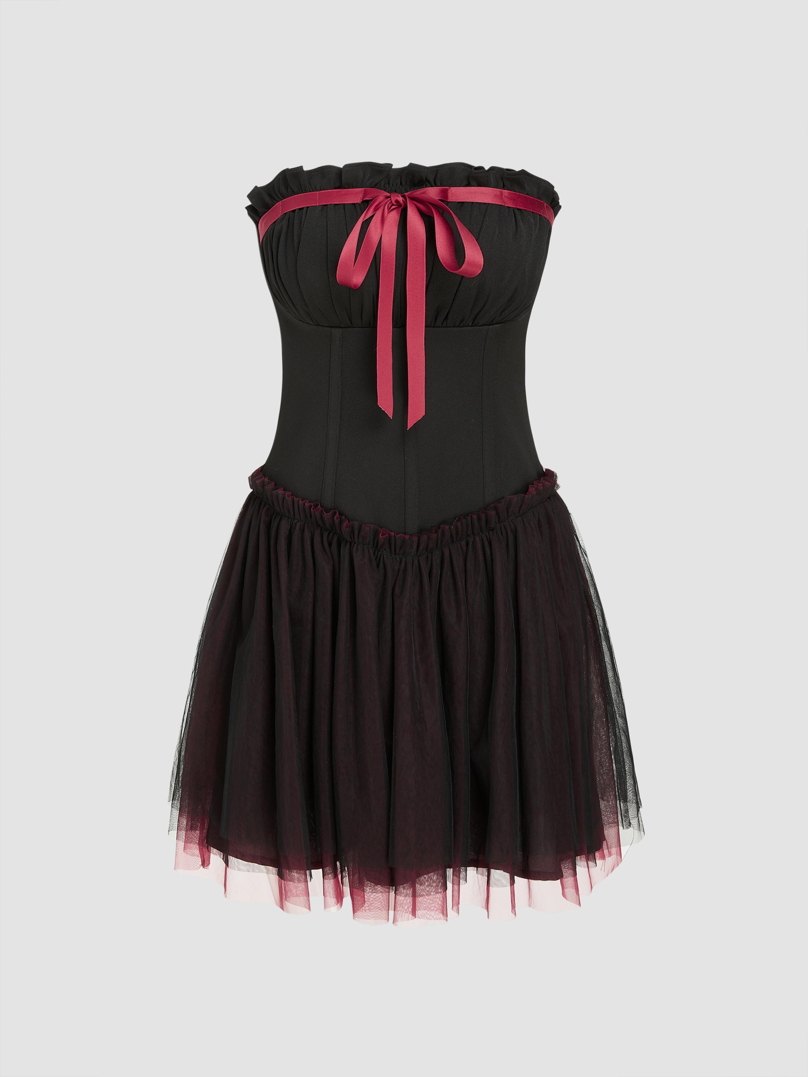 Contrasting Binding Bowknot Tulle Tube Mini Dress by CIDER