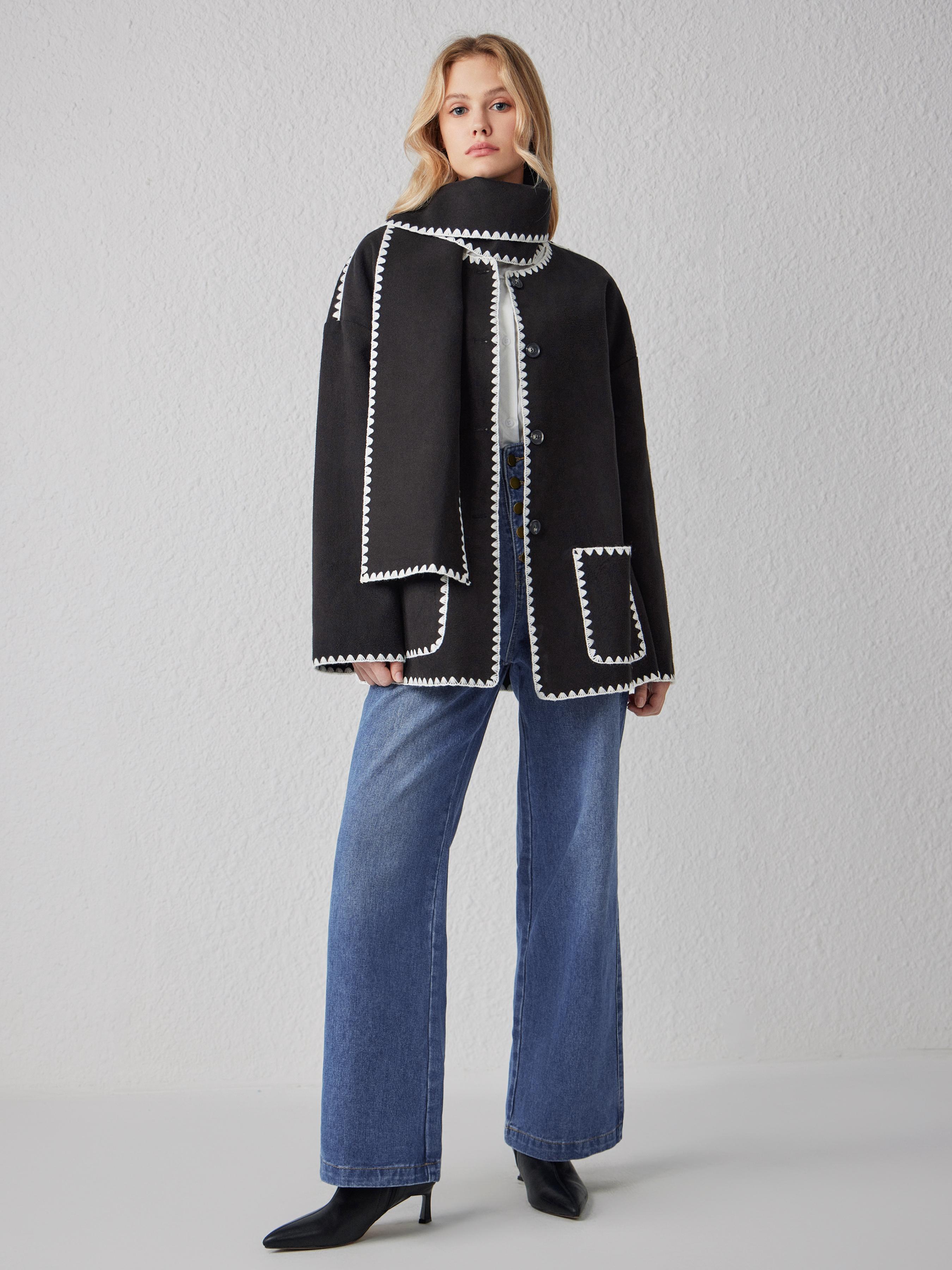 Contrasting Stitching Jacket With Scarf by CIDER