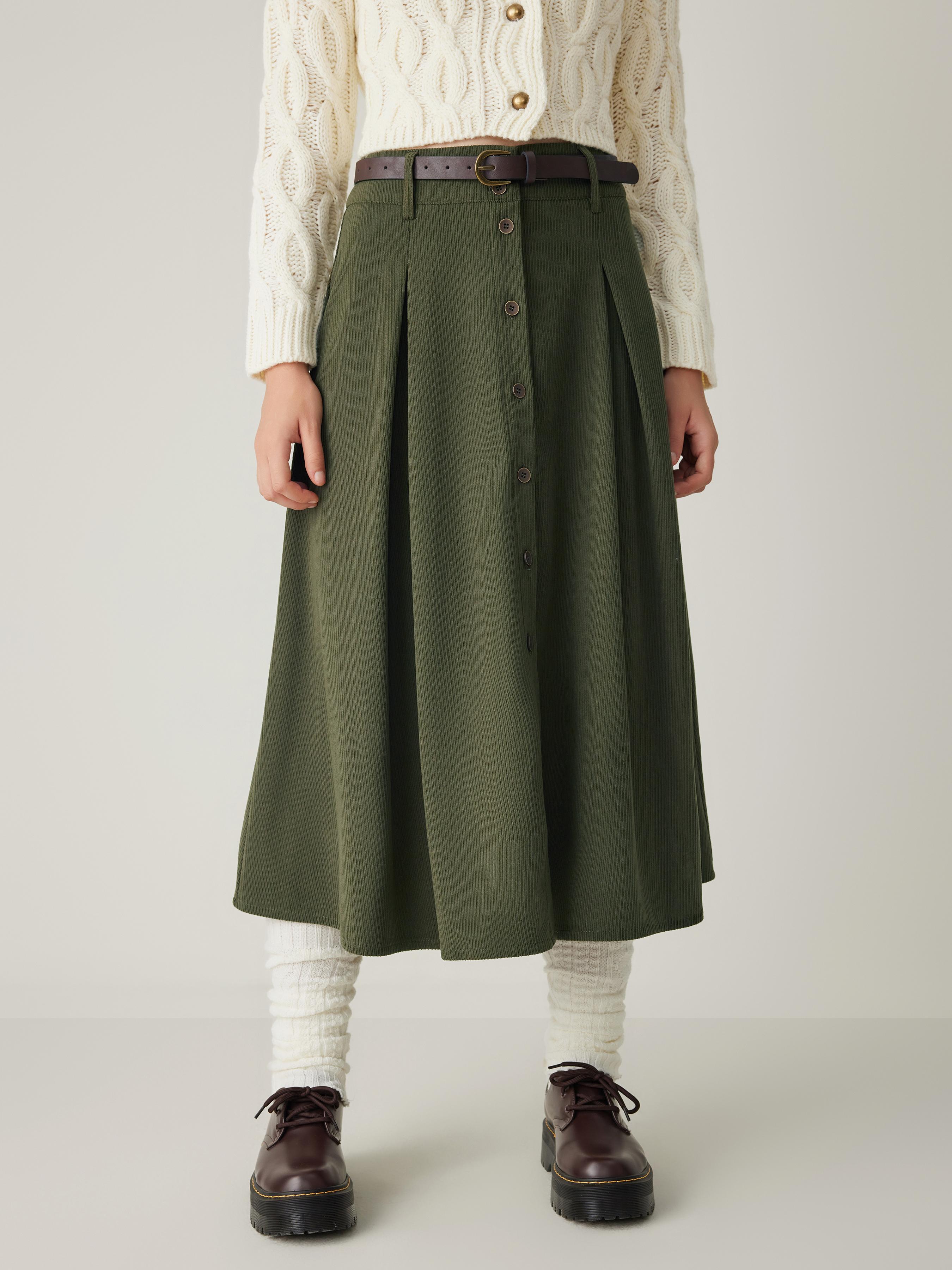 Corduroy Button Maxi Skirt with Belt by CIDER