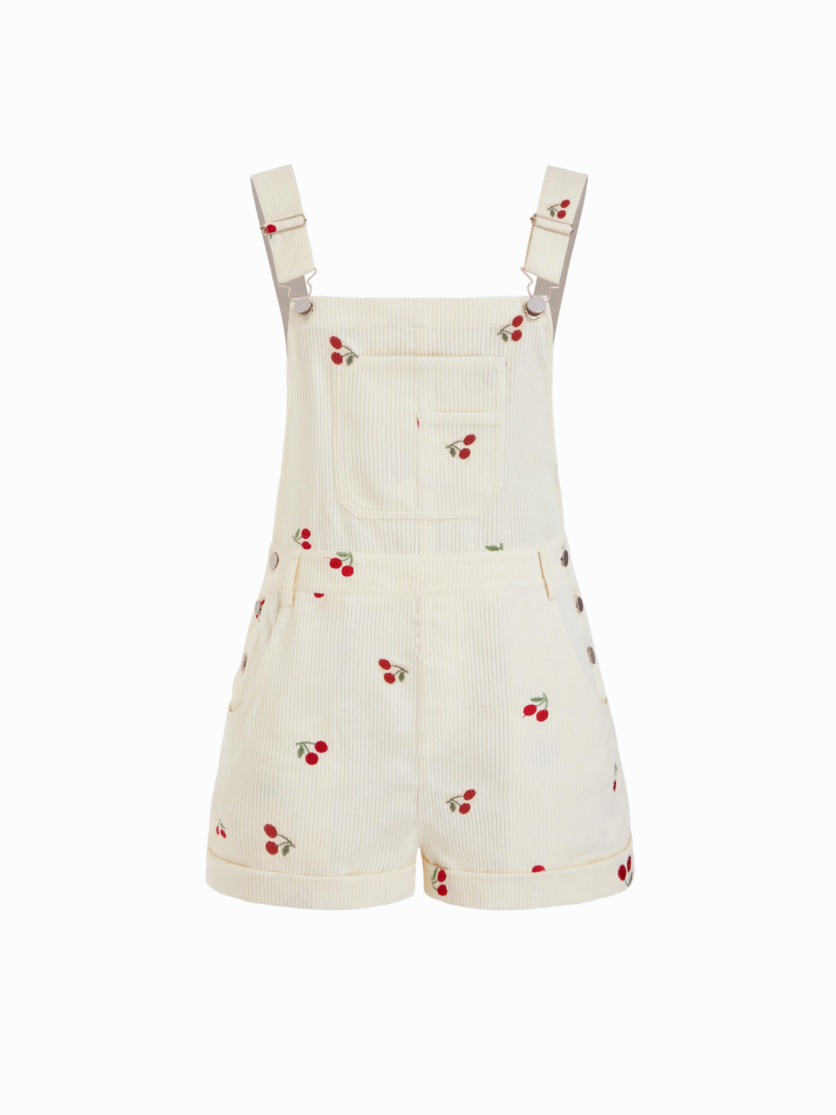 Corduroy Cherry Embroidery Buckle Up Romper by CIDER