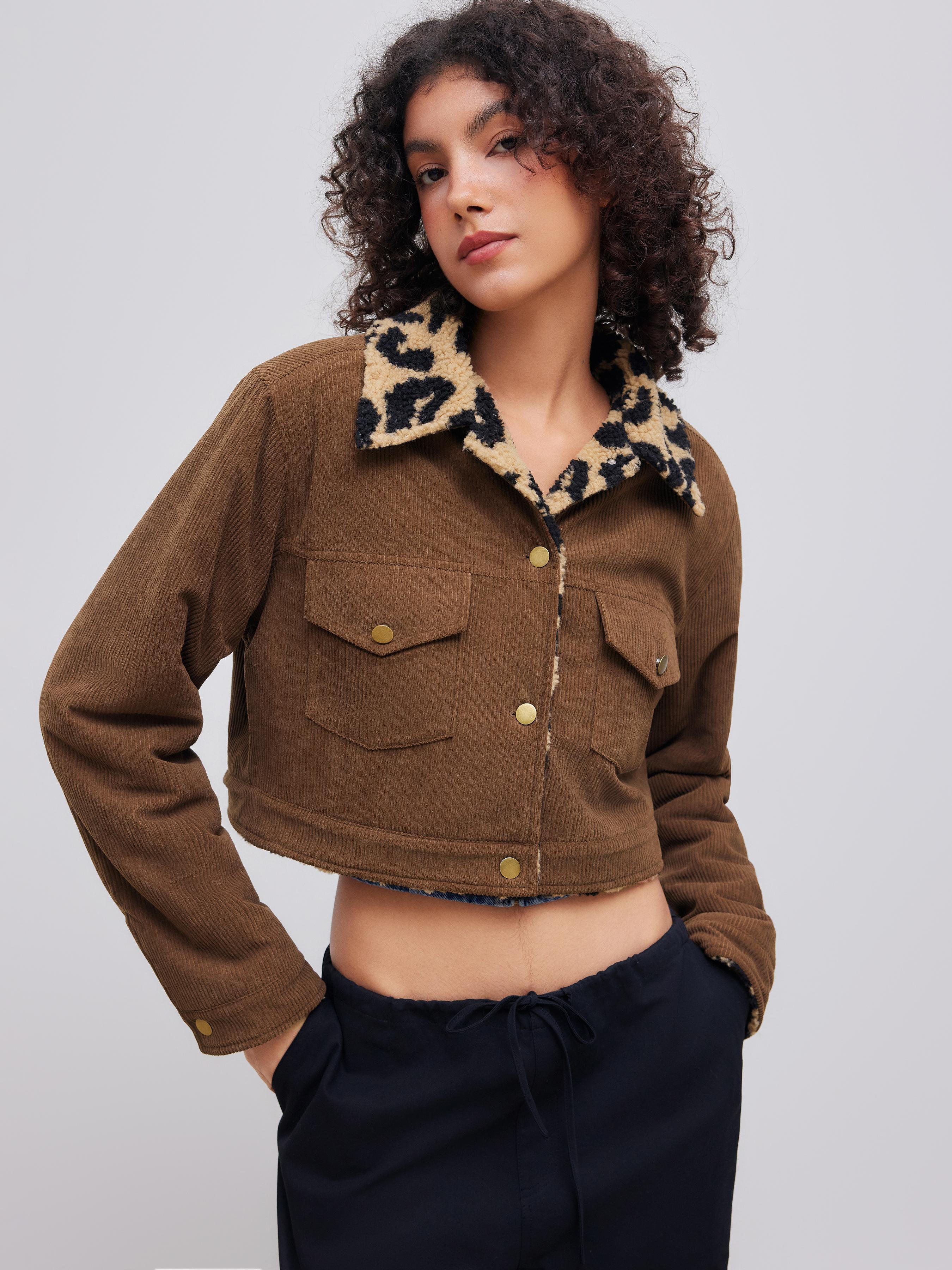 Corduroy Collar Pocket Jacket With Leopard Fleece Lining by CIDER