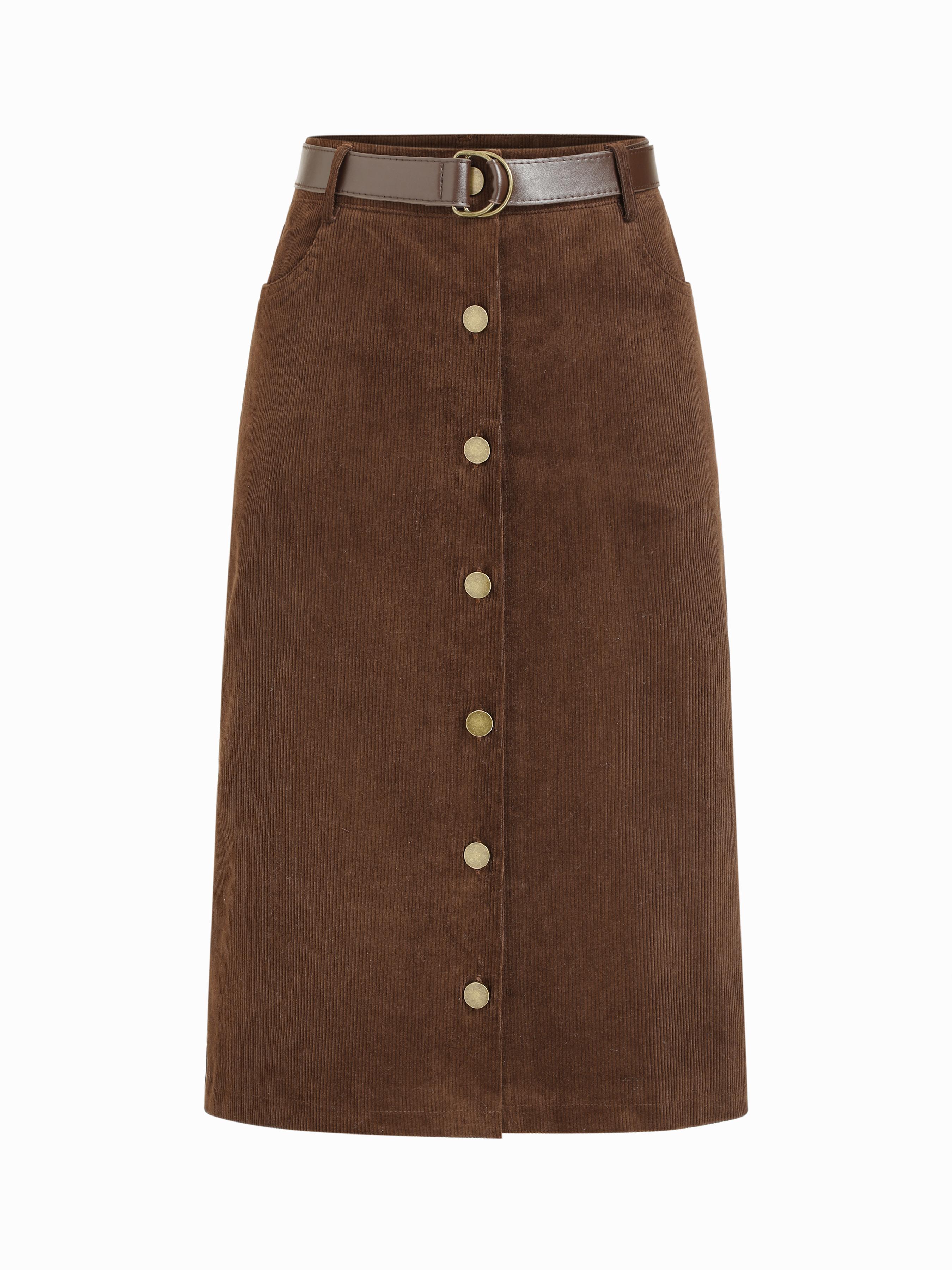 Corduroy Cotton-blend Mid Rise Pencil Midi Skirt With Belt by CIDER