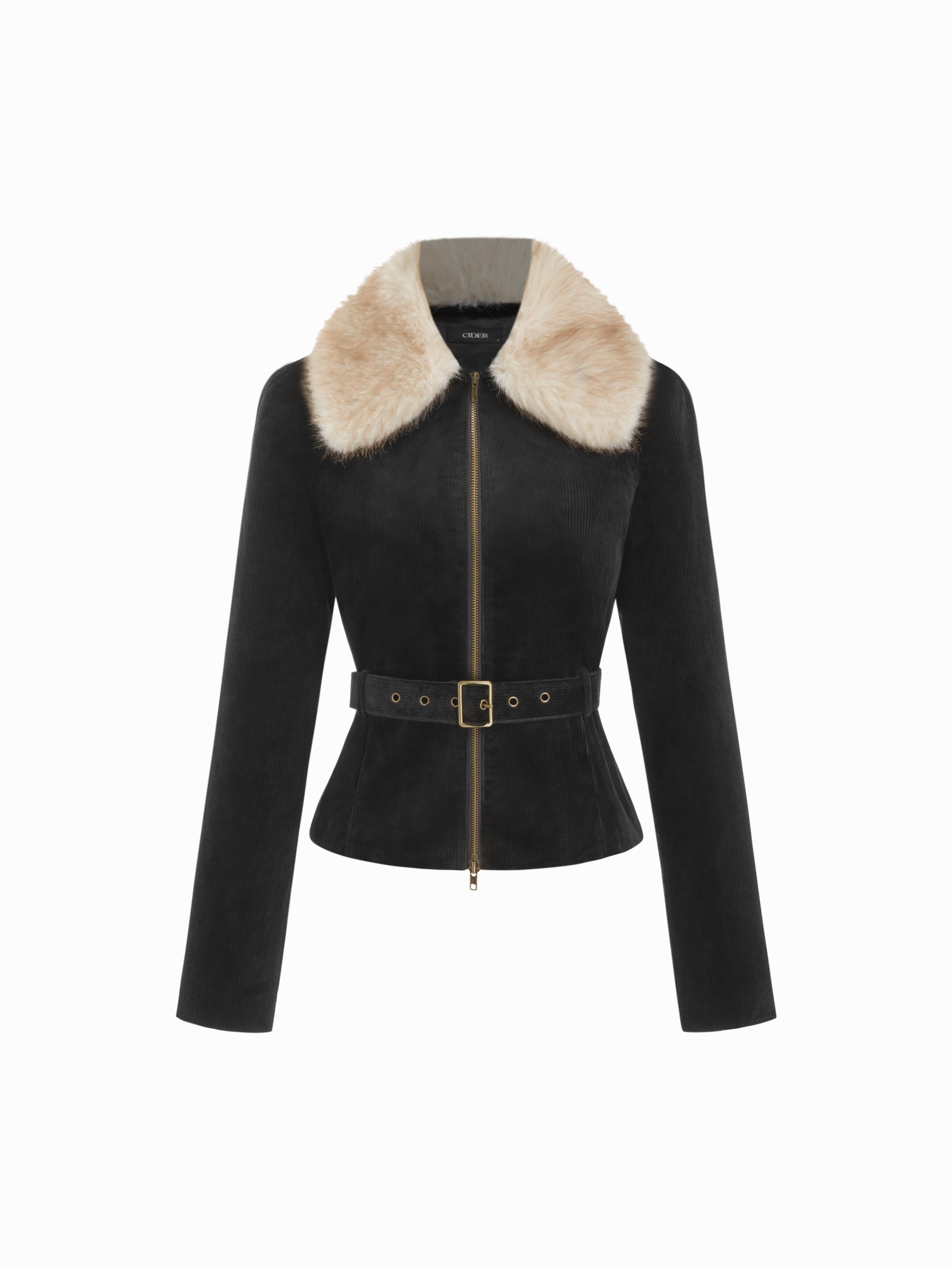 Corduroy Faux Fur Trim Collar Jacket With Belt by CIDER