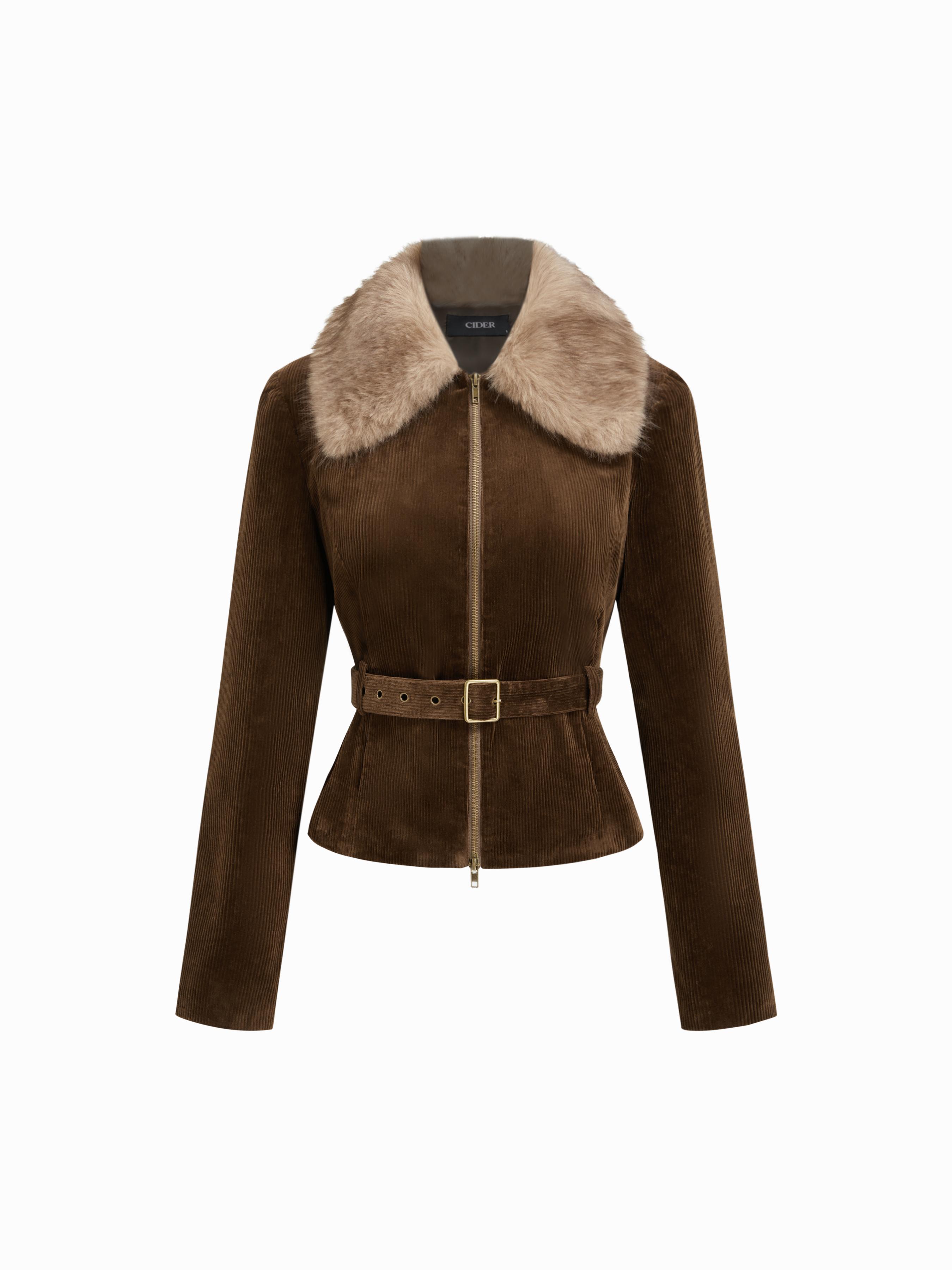Corduroy Faux Fur Trim Collar Jacket With Belt by CIDER