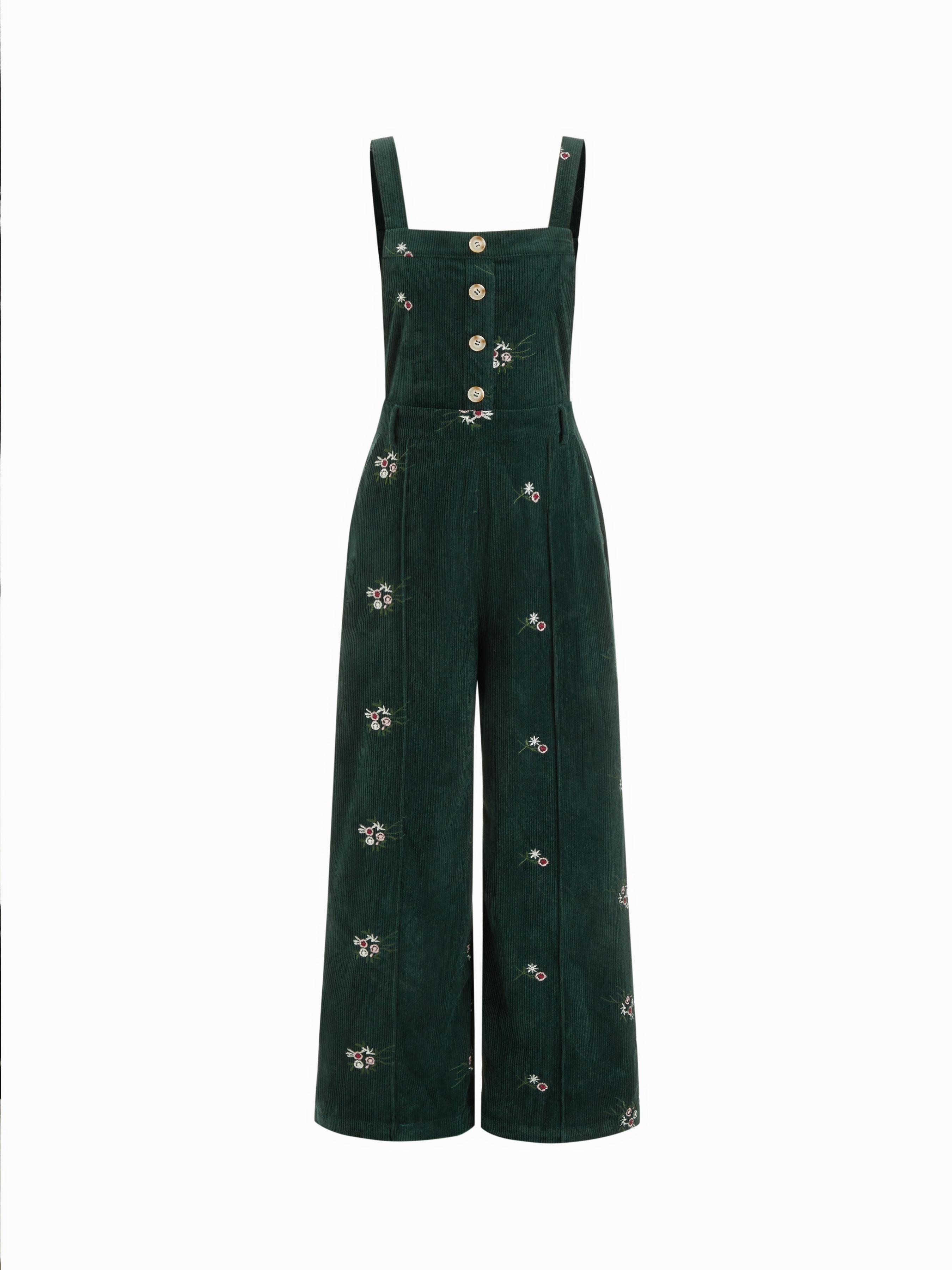 Corduroy Floral Backless Pocket Wide Leg Jumpsuit by CIDER