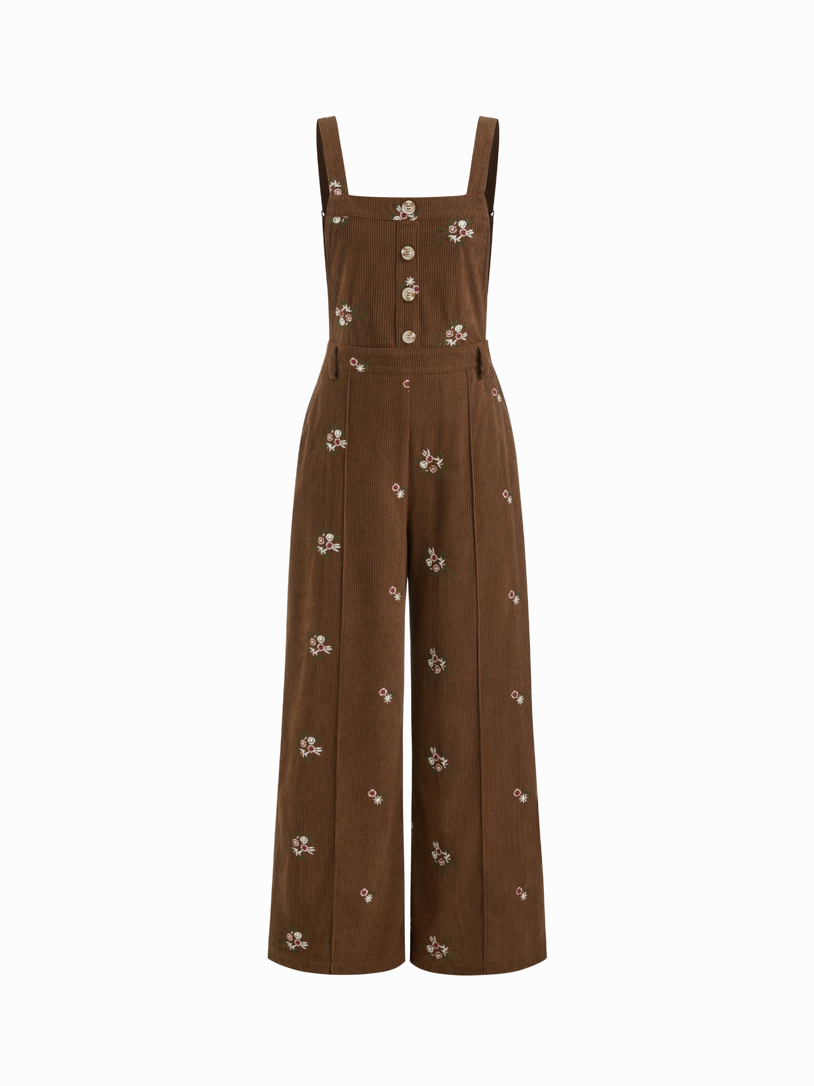 Corduroy Floral Backless Pocket Wide Leg Jumpsuit by CIDER