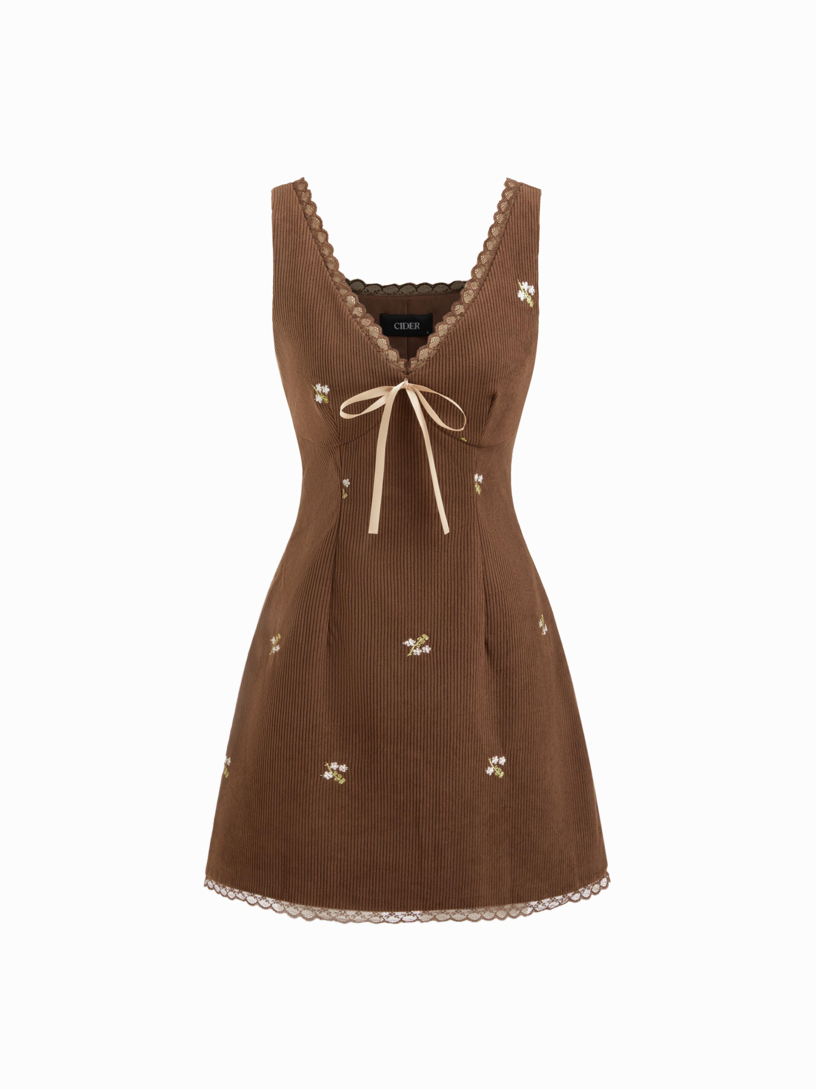 Corduroy Floral V-neck Lace Trim Bowknot Mini Dress by CIDER