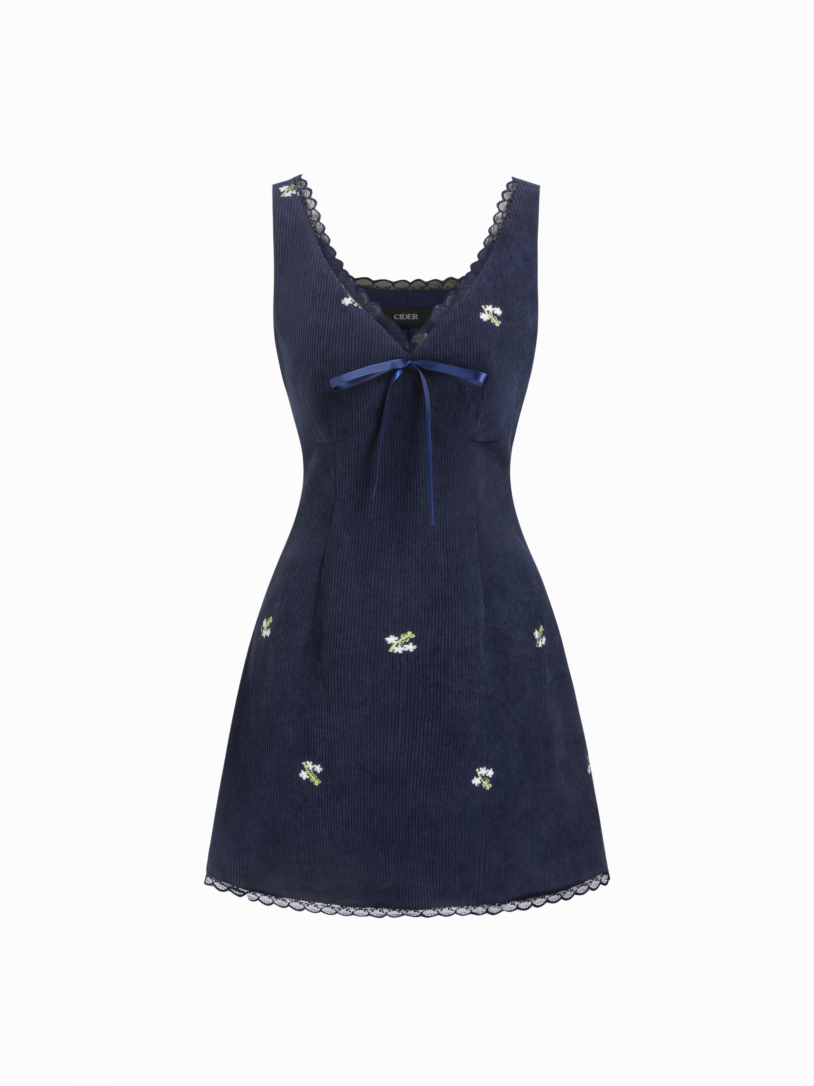 Corduroy Floral V-neck Lace Trim Bowknot Mini Dress by CIDER