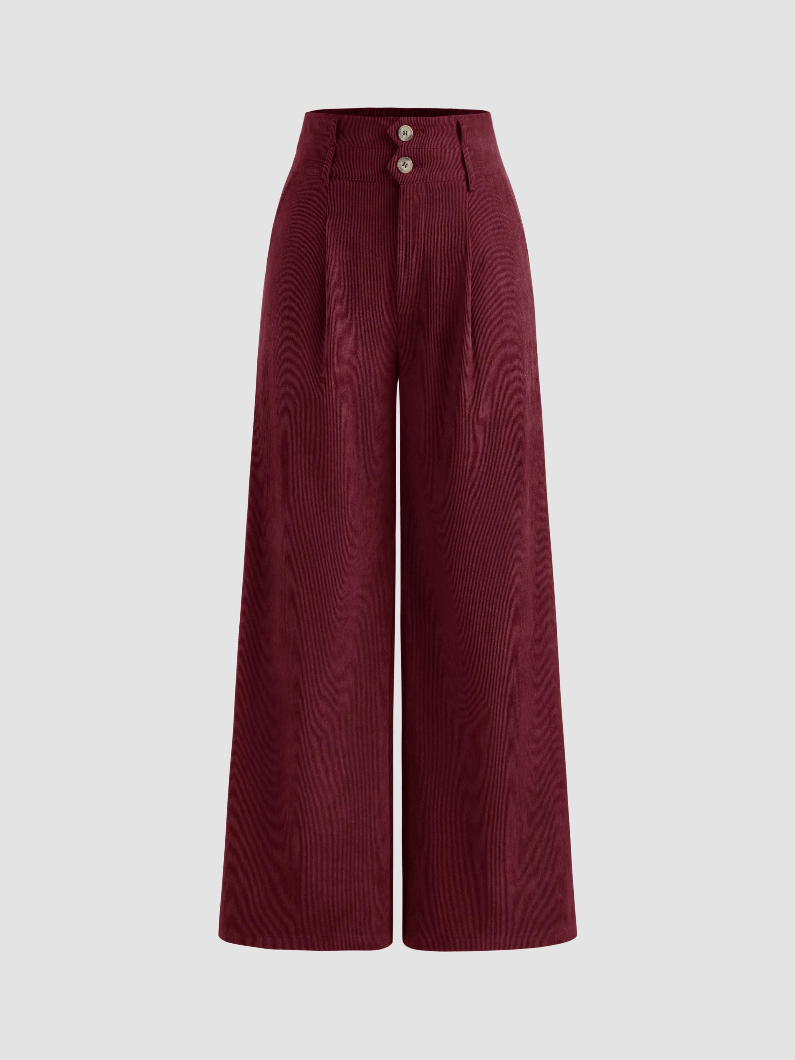 Corduroy High Rise Solid Pleated Double Button Pocket Wide Leg Trousers by CIDER