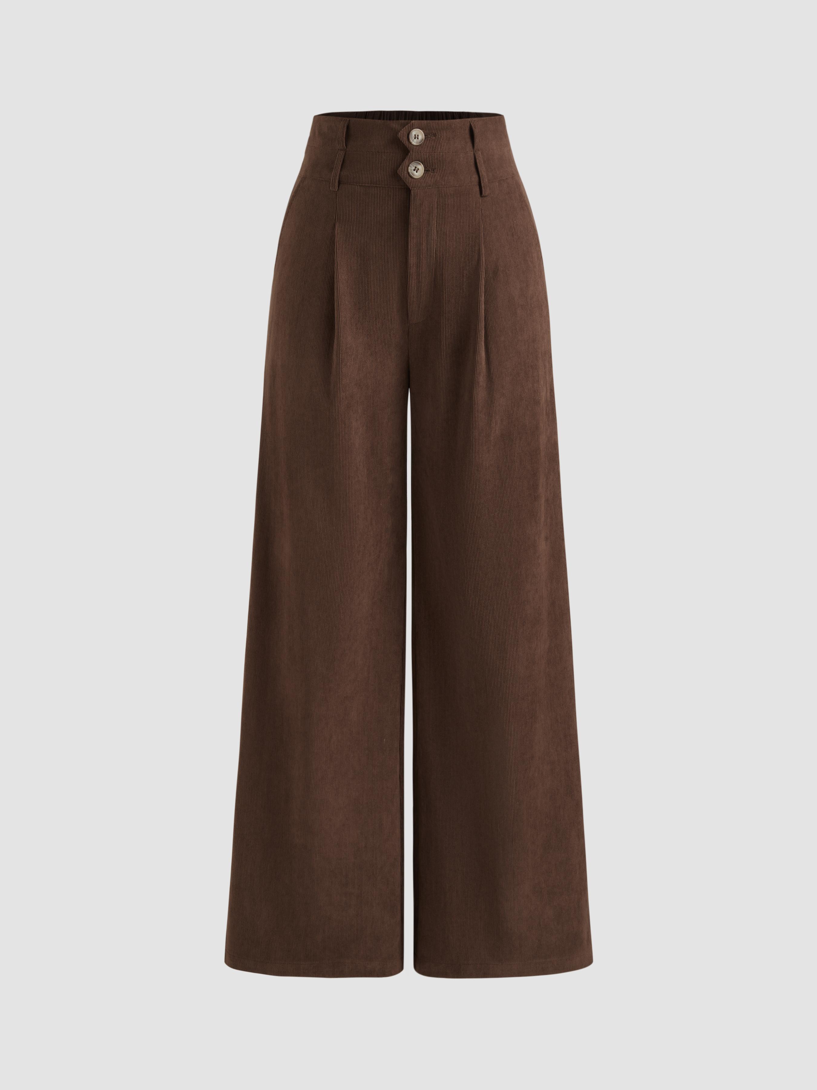 Corduroy High Rise Solid Pleated Double Button Pocket Wide Leg Trousers by CIDER