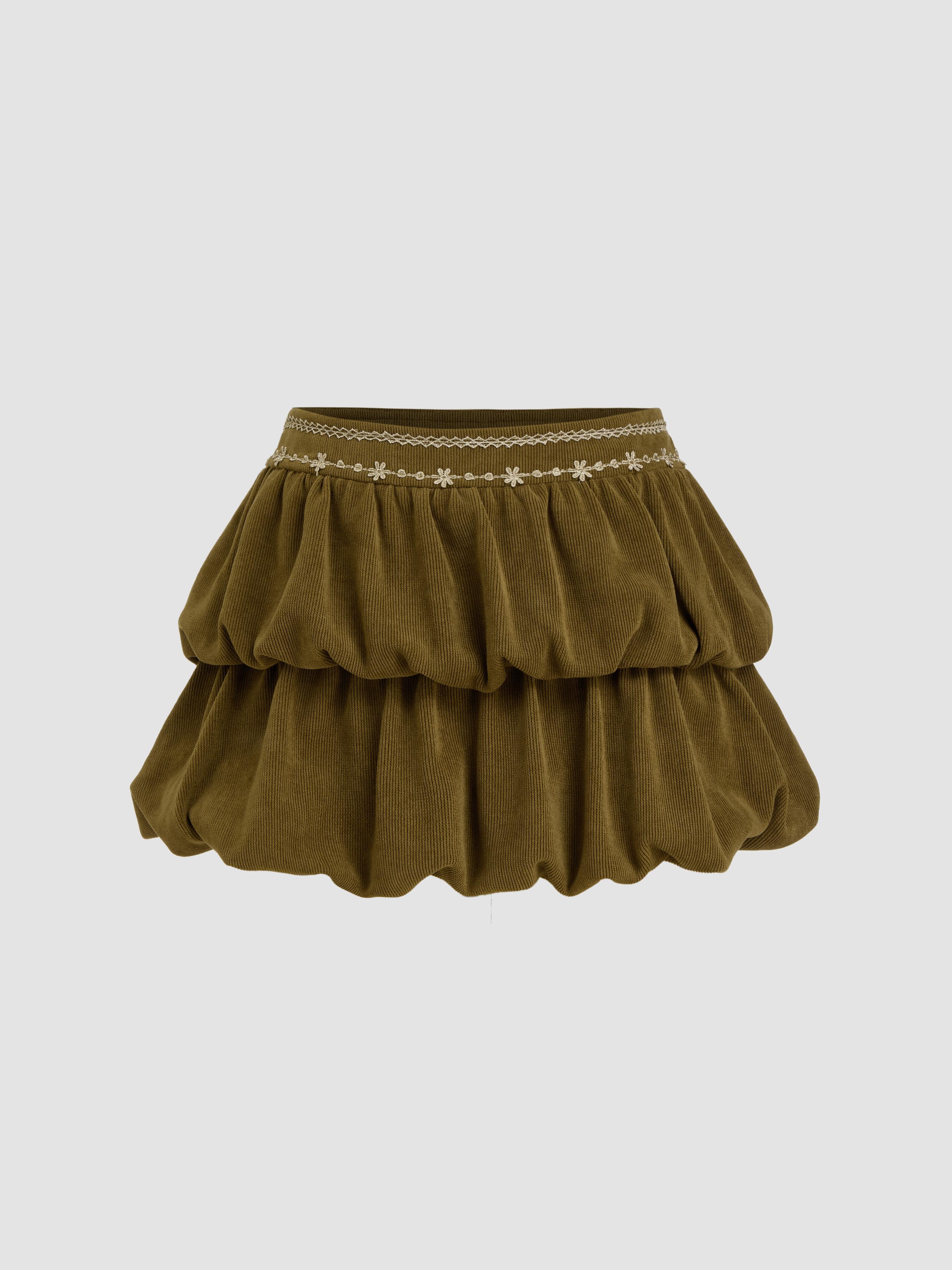 Corduroy Low Rise Floral Bubble Layered Mini Skirt by CIDER