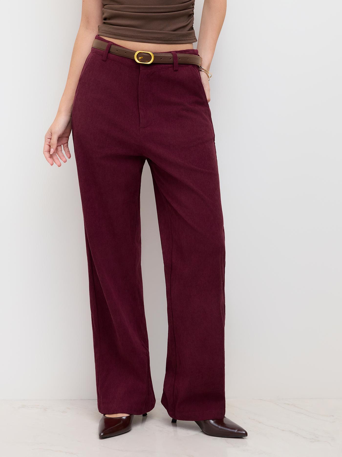 Corduroy Mid Rise Belted Straight Leg Pants by CIDER