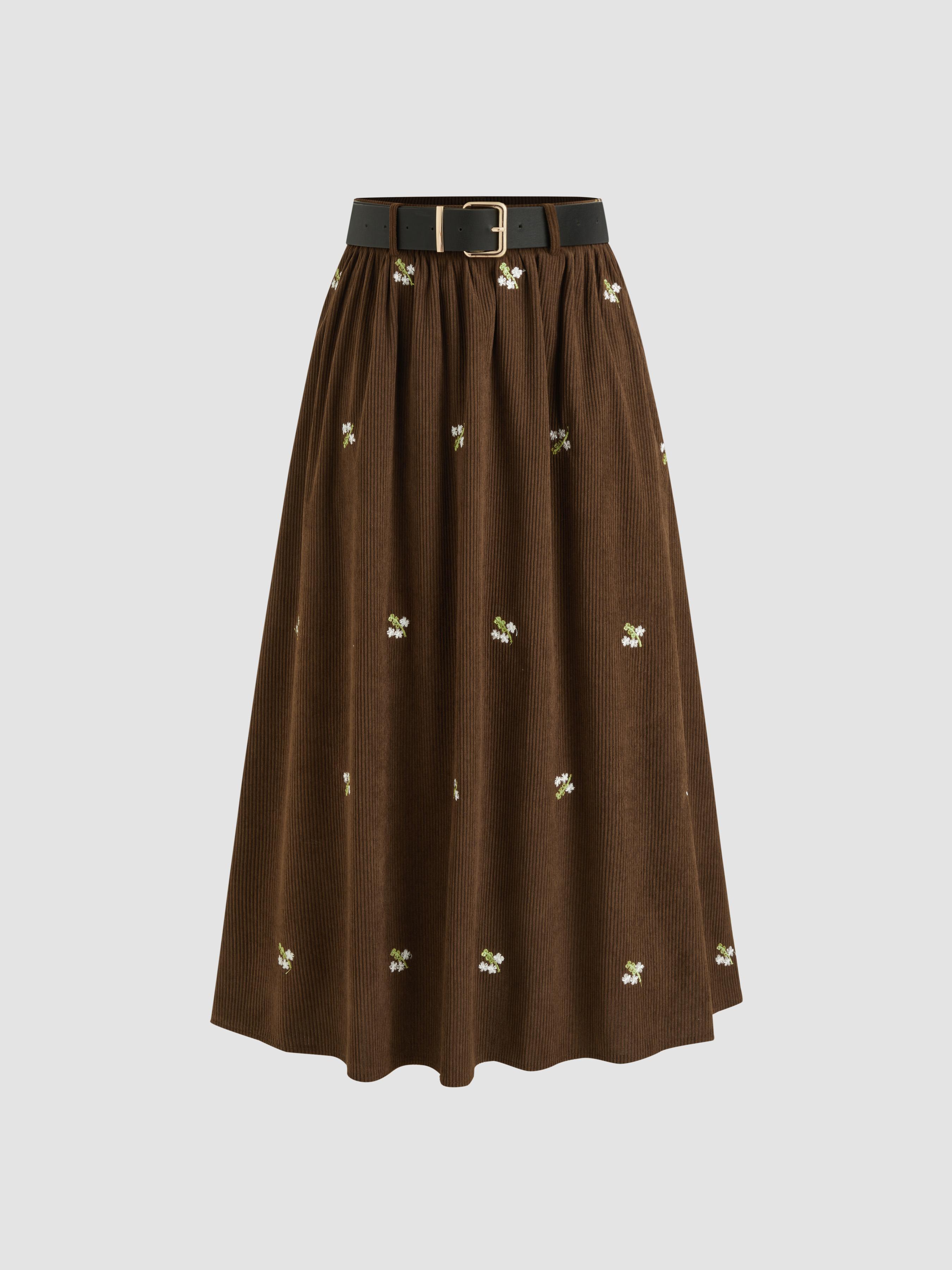 Corduroy Mid Rise Floral Embroidery Ruffle Pocket Maxi Skirt With Belt by CIDER