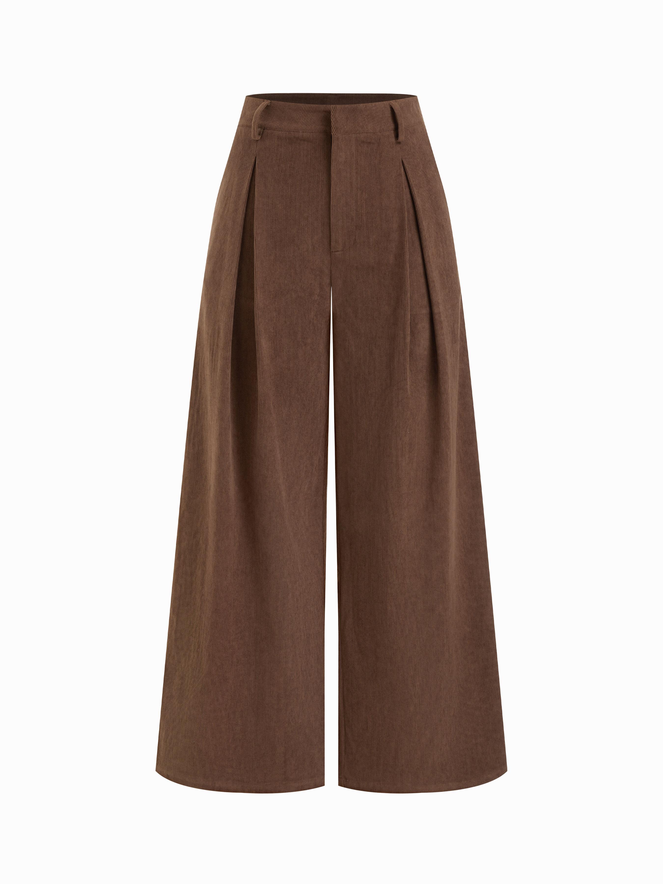 Corduroy Mid Rise Pleated Wide Leg Trousers by CIDER