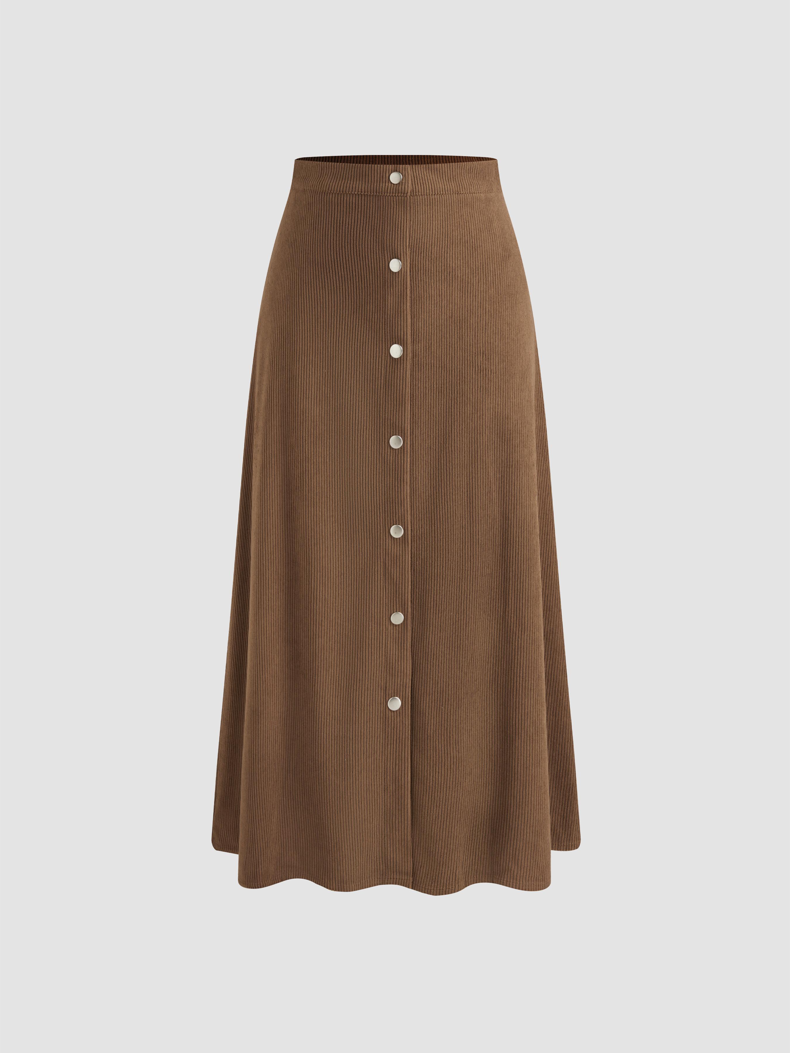 Corduroy Mid Rise Solid Button Ruffle Midi Skirt by CIDER