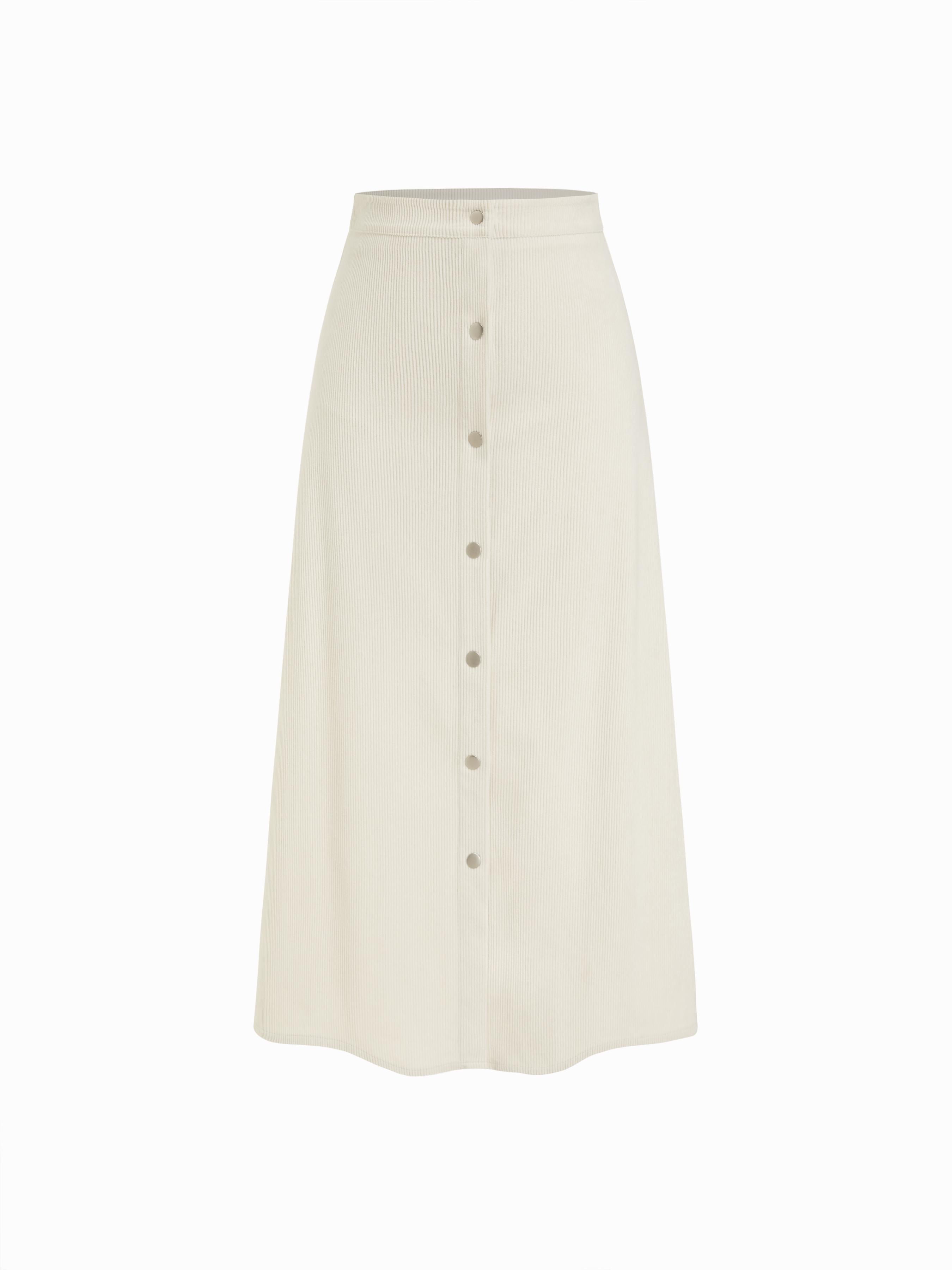 Corduroy Mid Rise Solid Button Ruffle Midi Skirt by CIDER