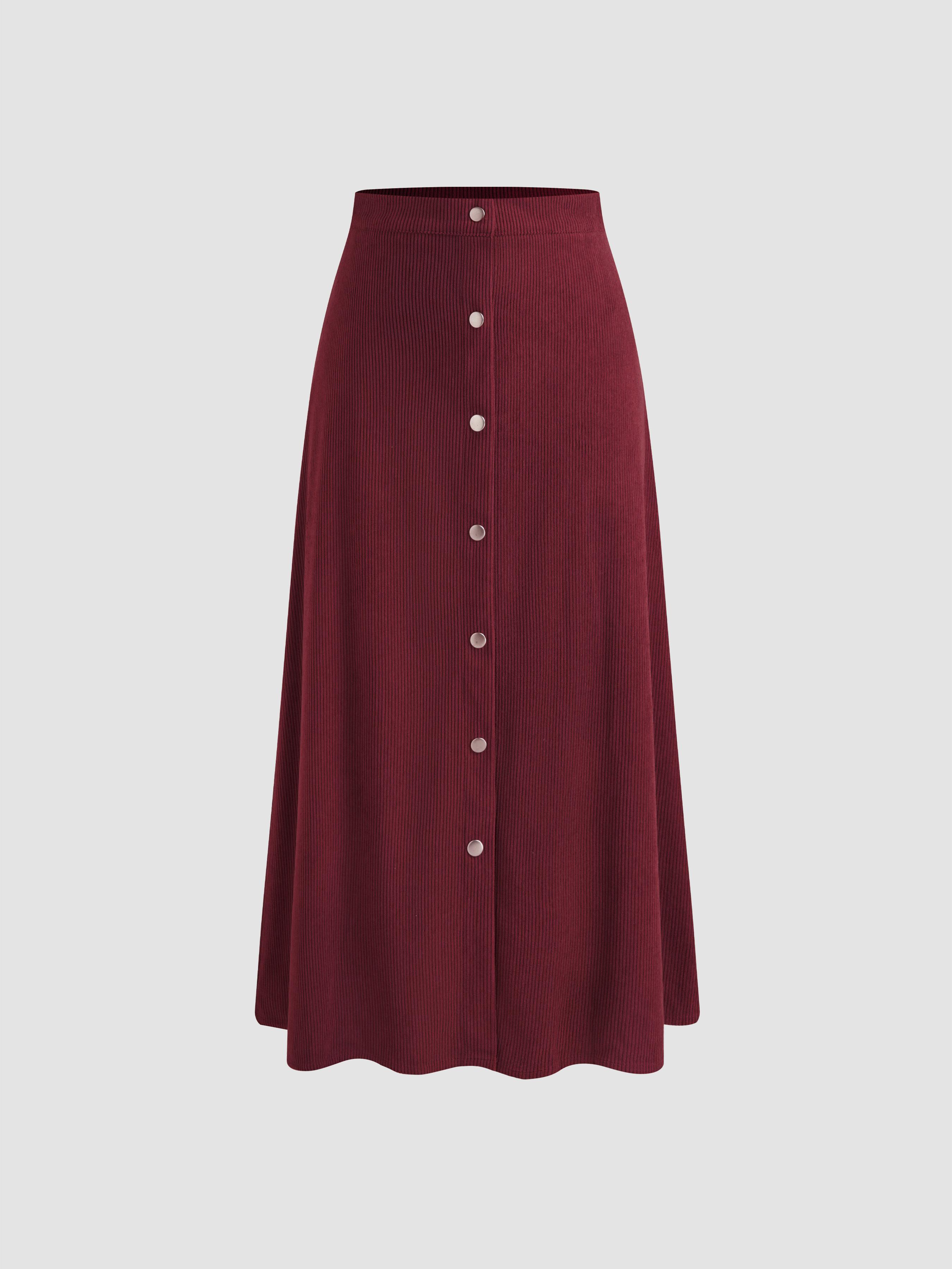 Corduroy Mid Rise Solid Button Ruffle Midi Skirt by CIDER