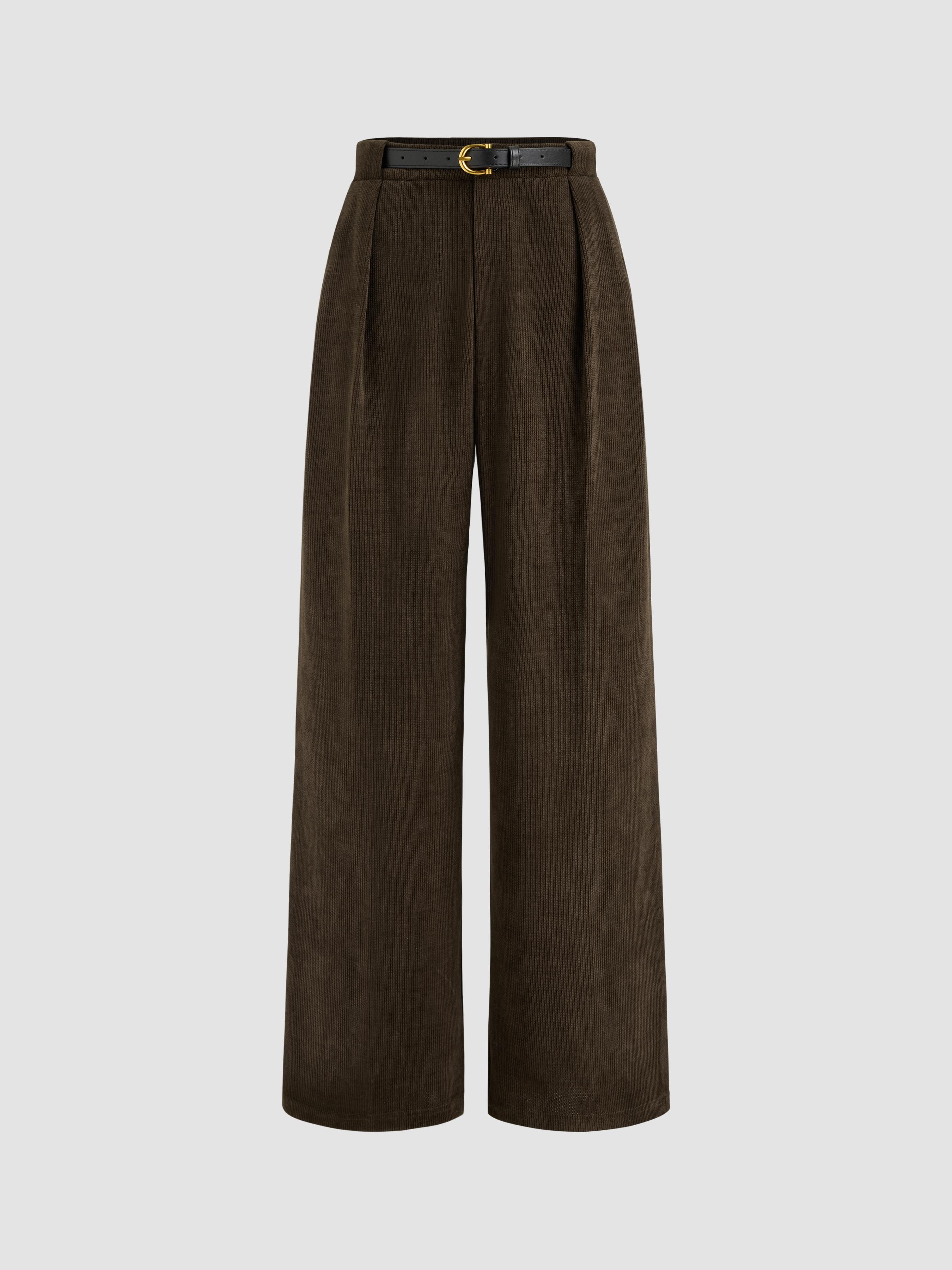 Corduroy Mid Rise Solid Pocket Straight Leg Trousers With Belt by CIDER