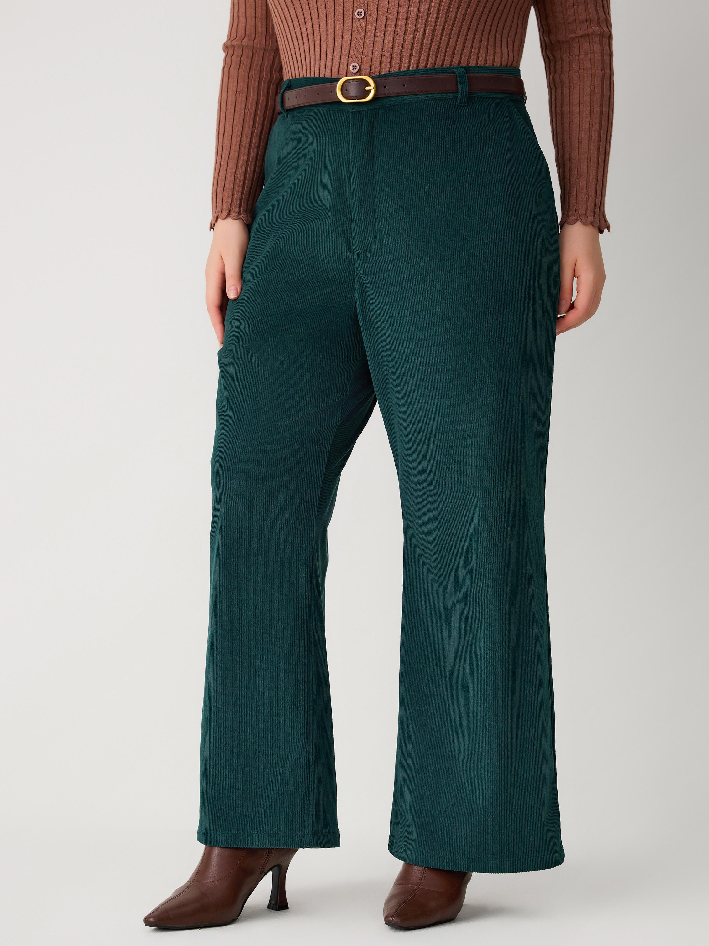 Corduroy Middle Waist Pocket Straight Leg Trousers With Belt Curve & Plus by CIDER