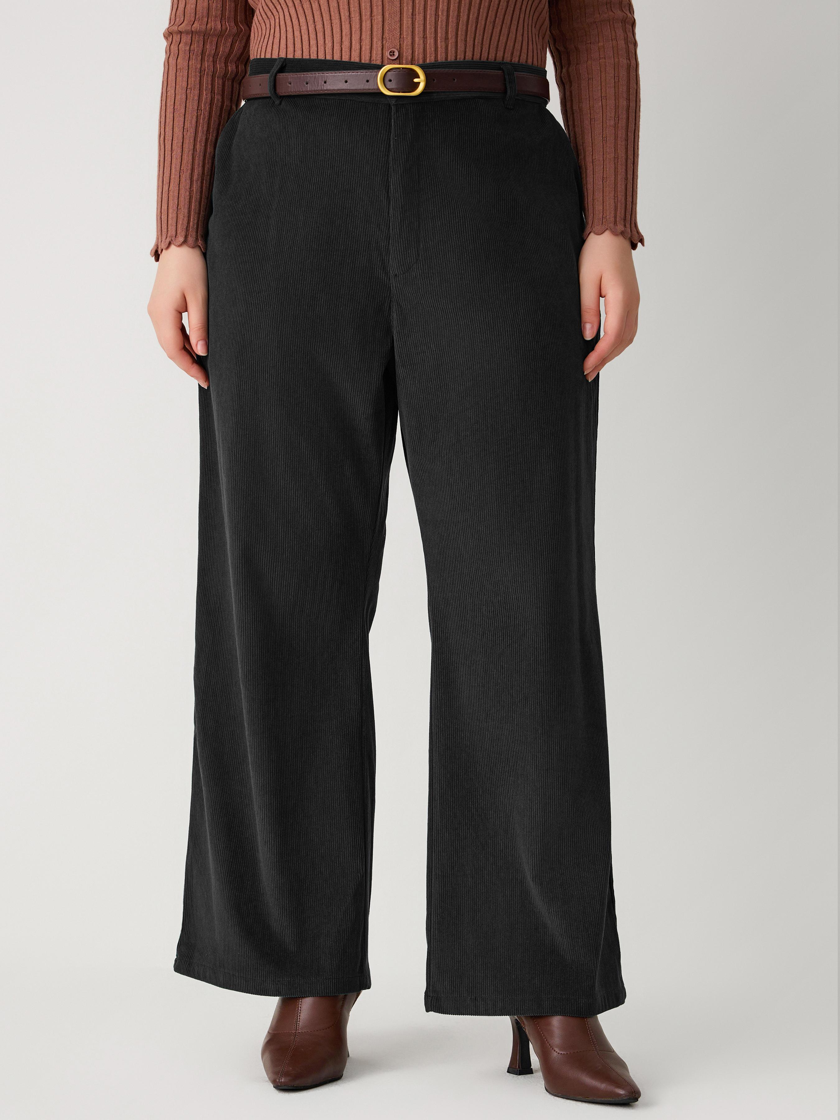 Corduroy Middle Waist Pocket Straight Leg Trousers With Belt Curve & Plus by CIDER