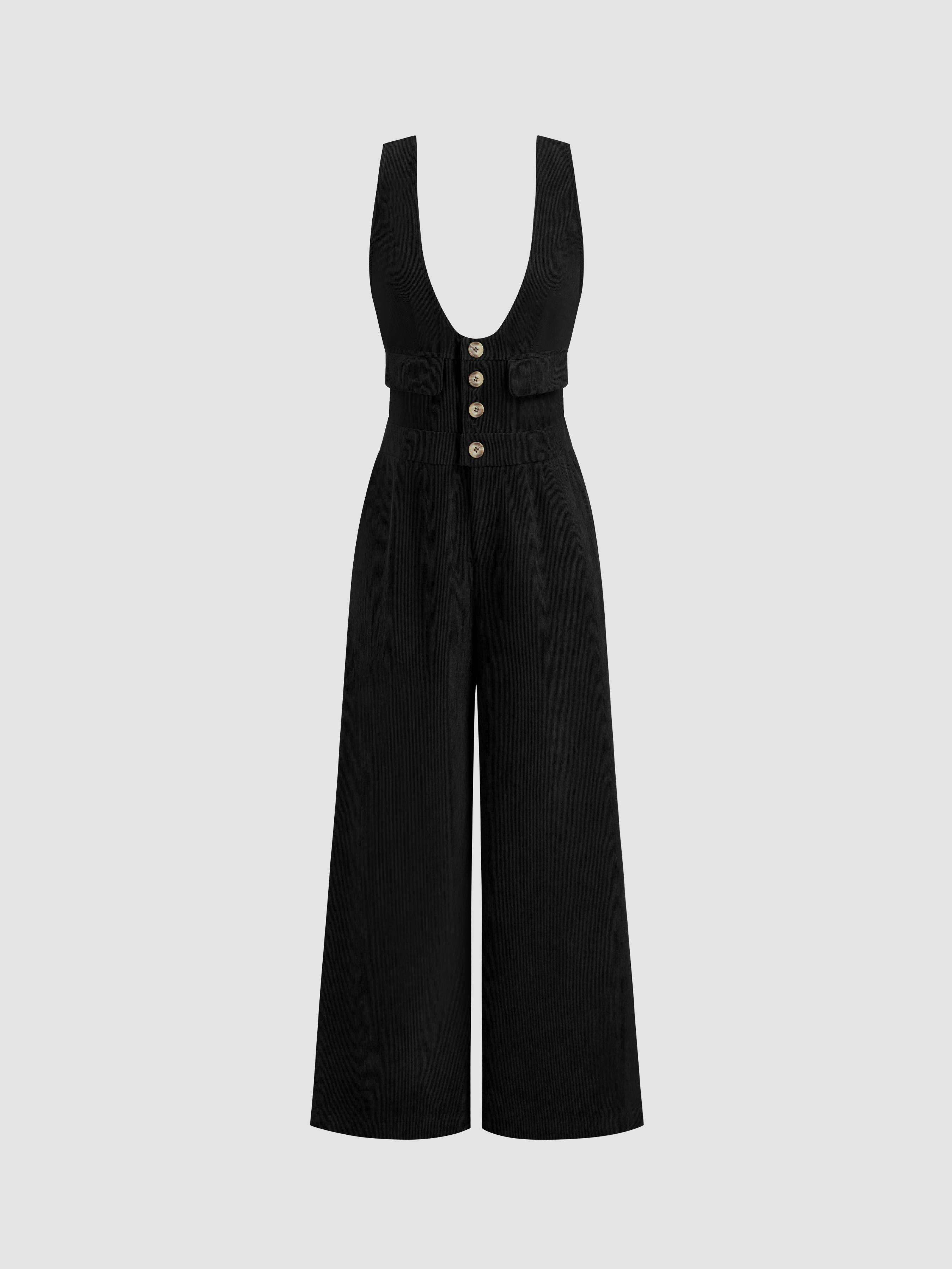 Corduroy Scoop Neckline Solid Button Pocket Jumpsuit by CIDER