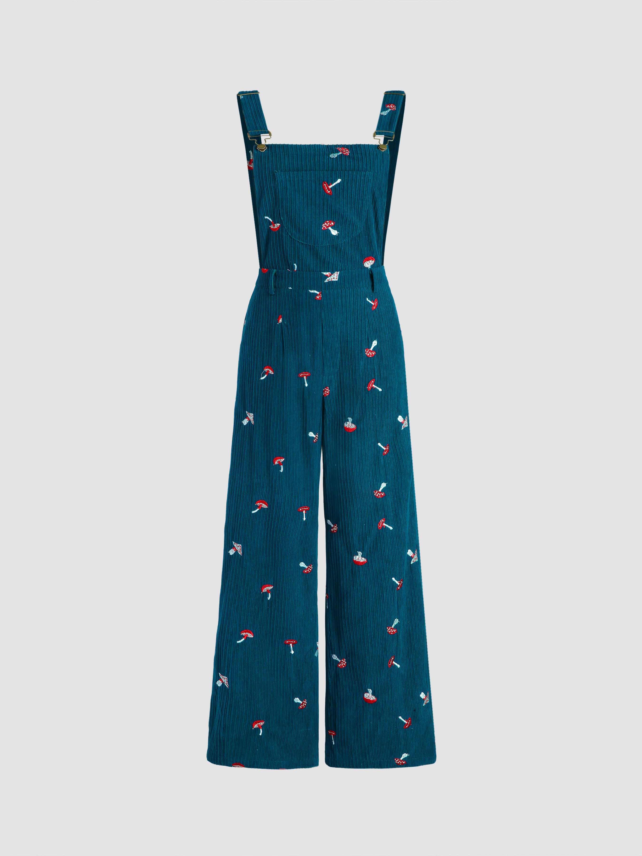 Corduroy Square Neck Mushroom Pattern Jumpsuit by CIDER
