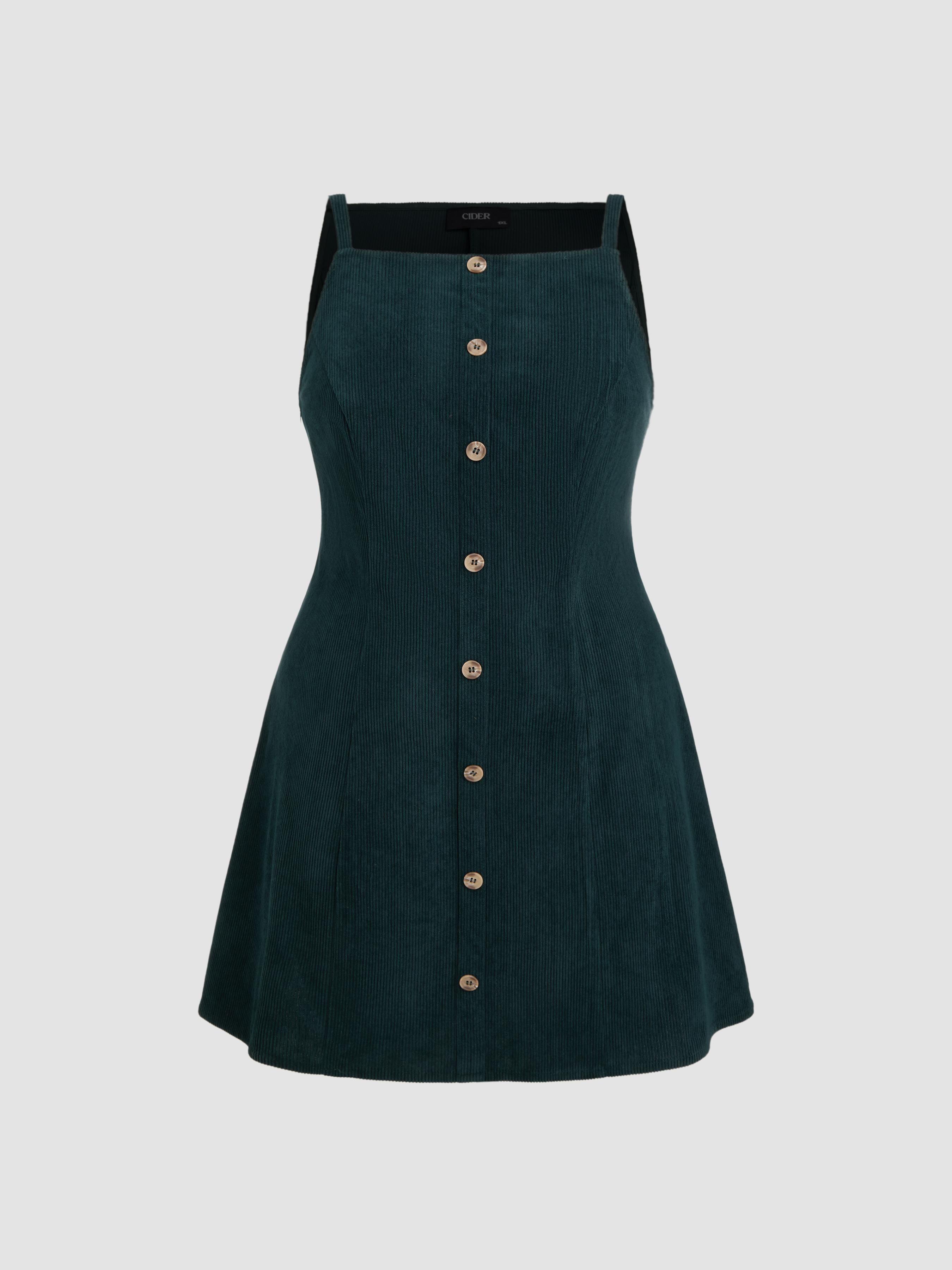 Corduroy Square Neck Solid Button Mini Dress Curve & Plus by CIDER