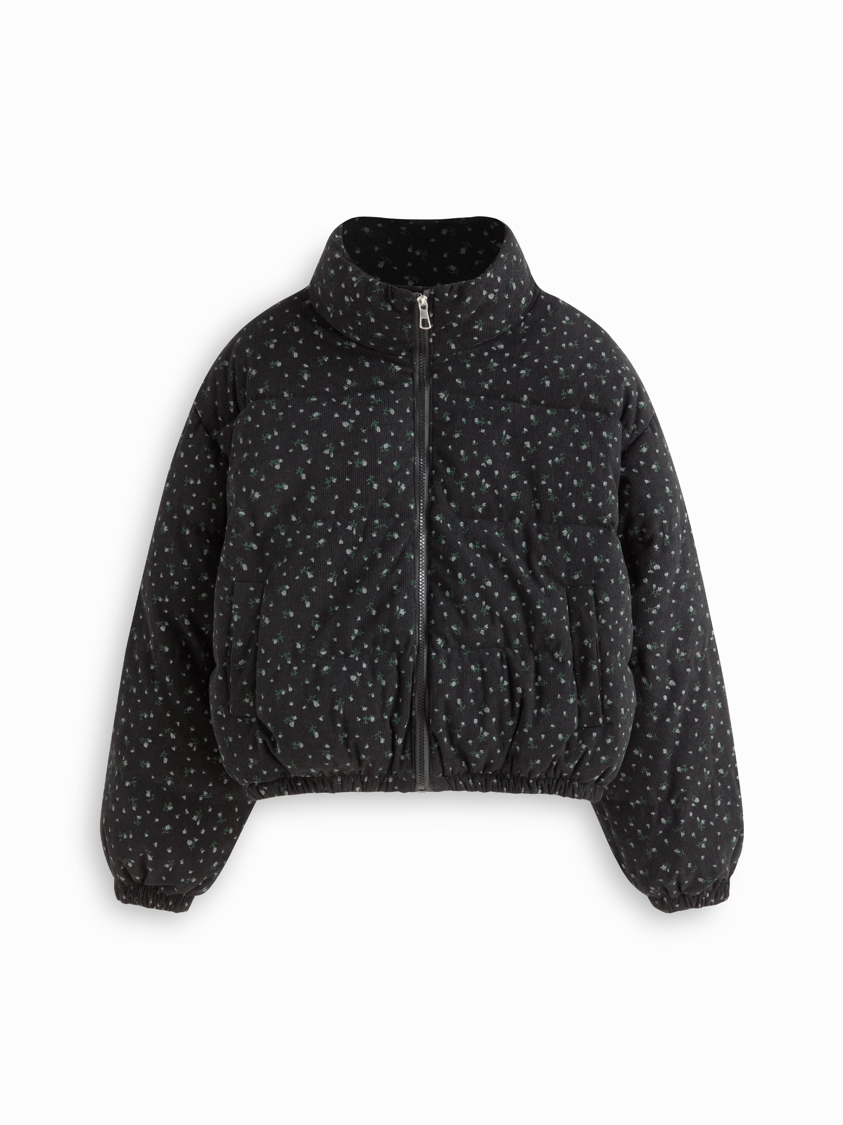 Corduroy Stand Collar Ditsy Floral Zip Through Crop Puffer by CIDER