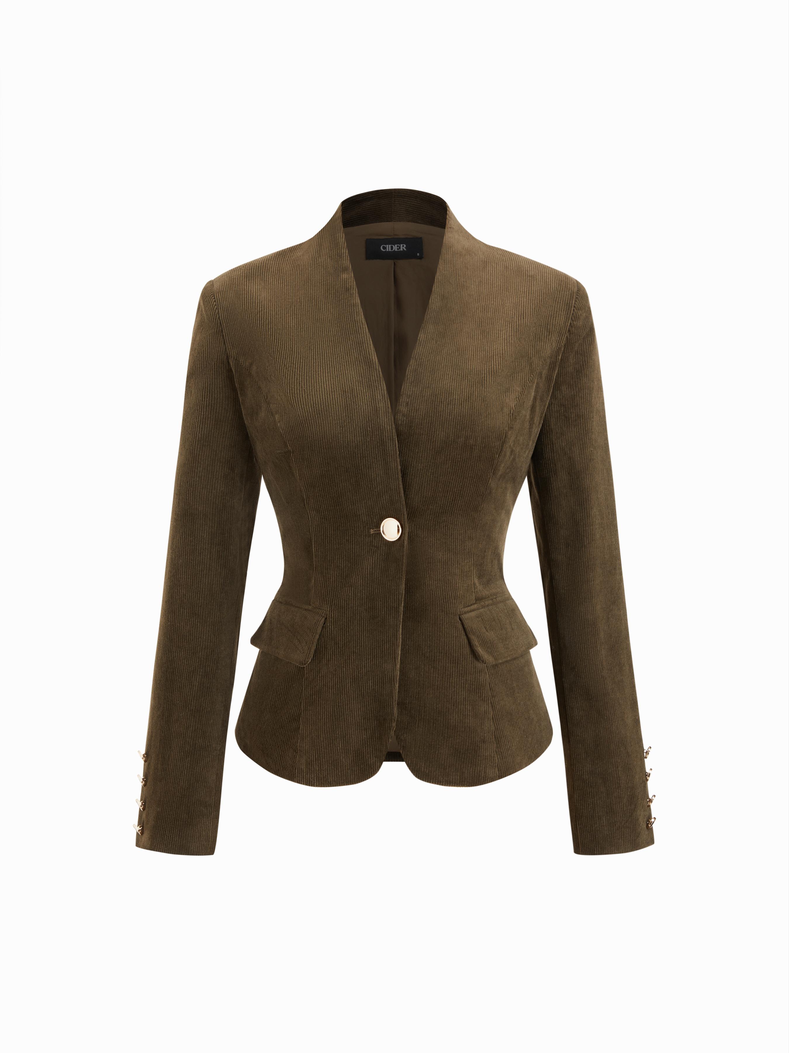 Corduroy Stand Collar Metal Button Blazer by CIDER