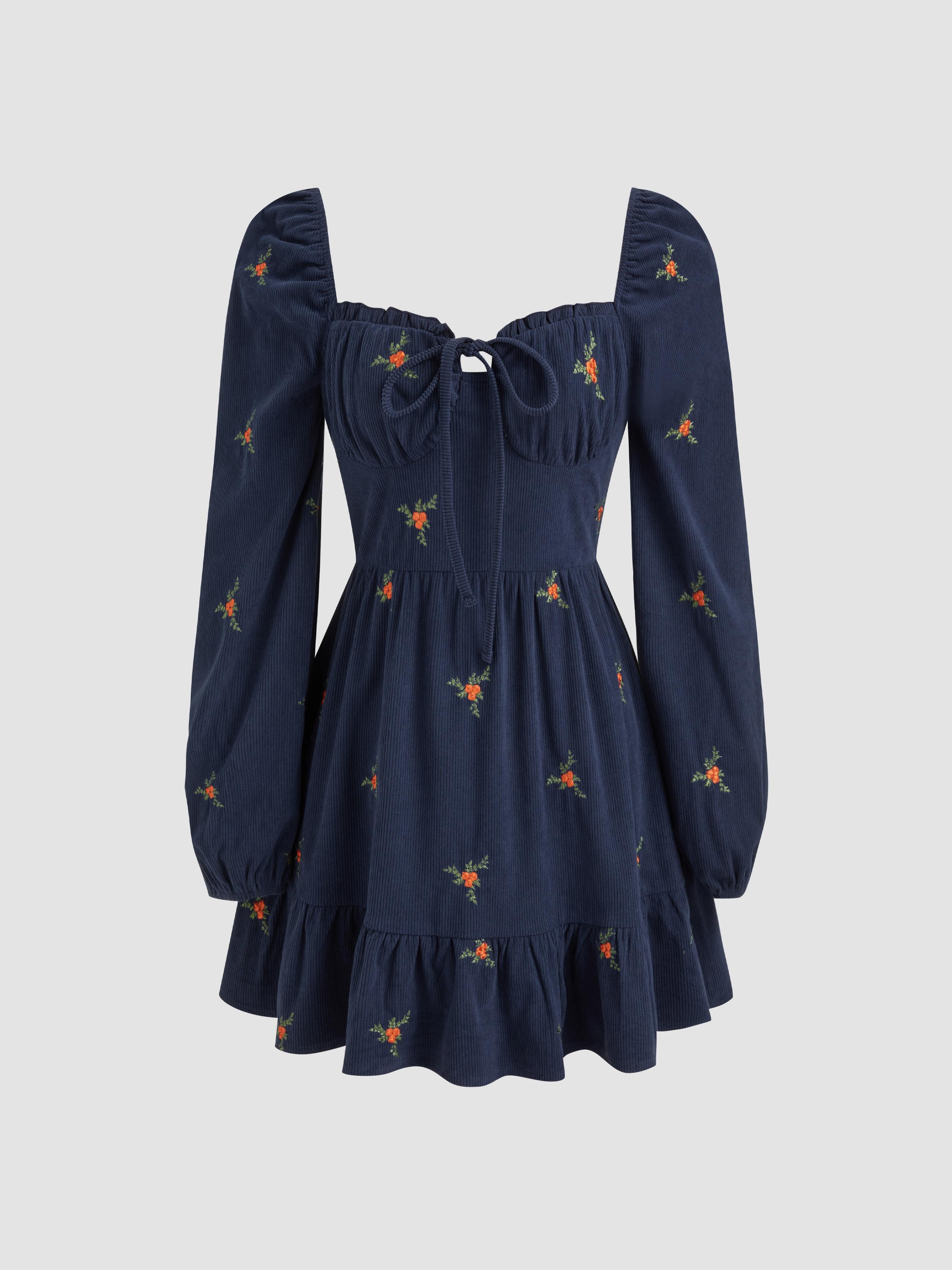 Corduroy U-neckline Knotted Floral Embroidery Mini Dress by CIDER