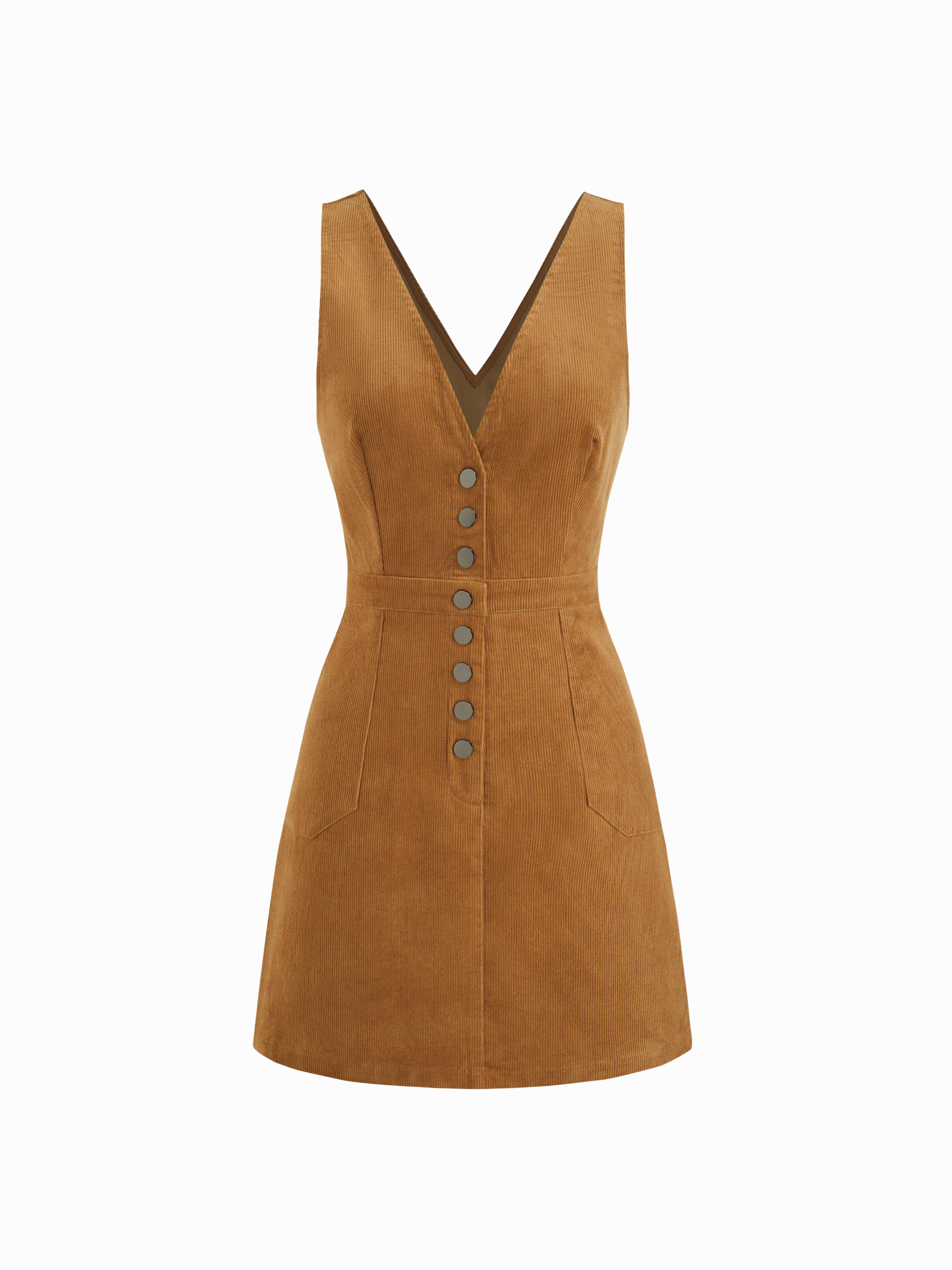 Corduroy V-neck Button Front Mini Dress by CIDER
