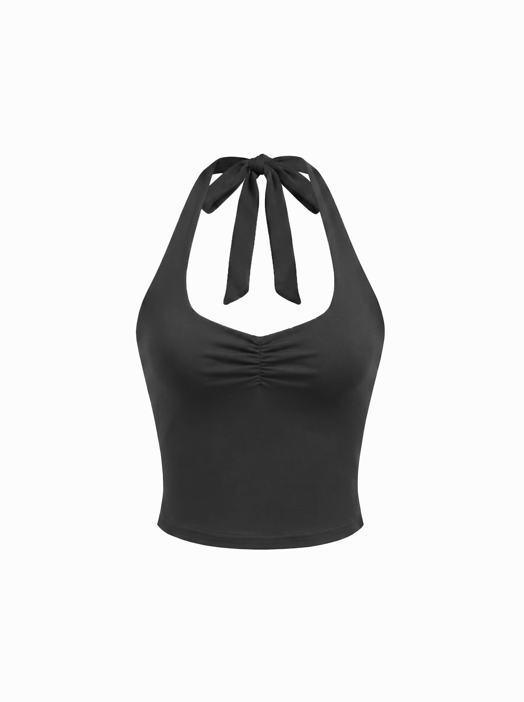 Cotton-Blend Halter Neckline Ruched Knotted Crop Tee by CIDER