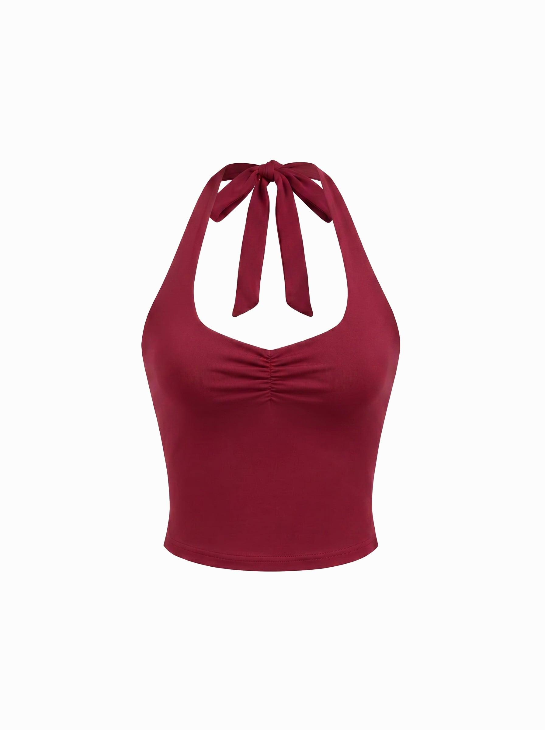 Cotton-Blend Halter Neckline Ruched Knotted Crop Tee by CIDER