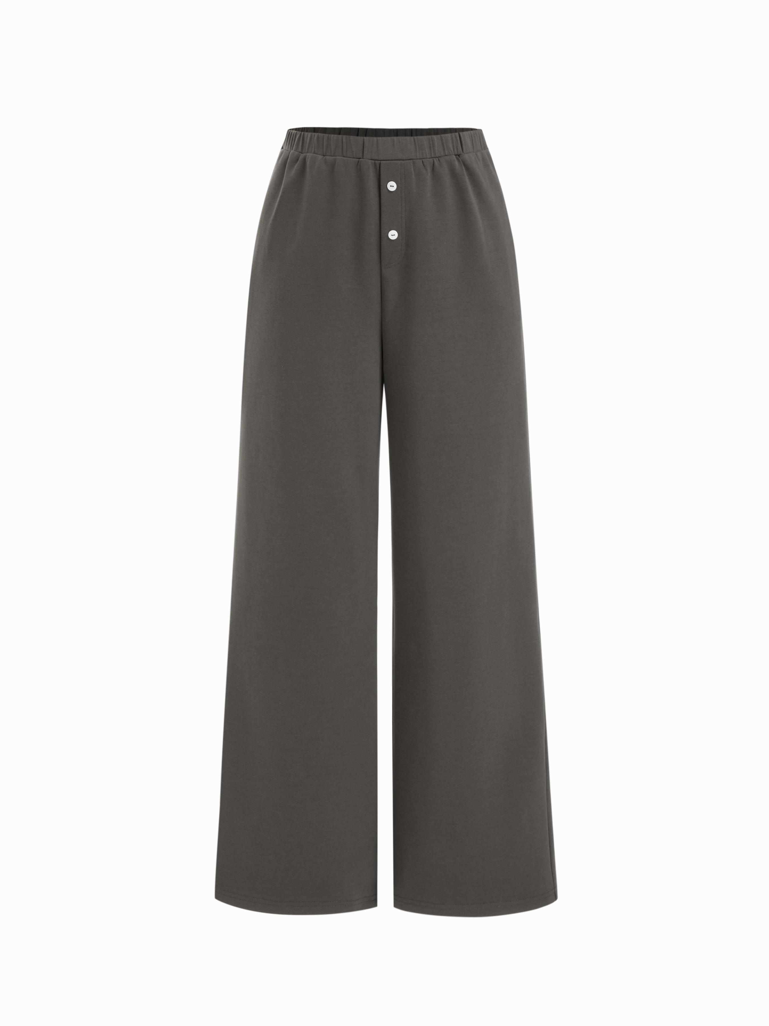 Cotton- Blend Mid Rise Button Wide Leg Trousers by CIDER
