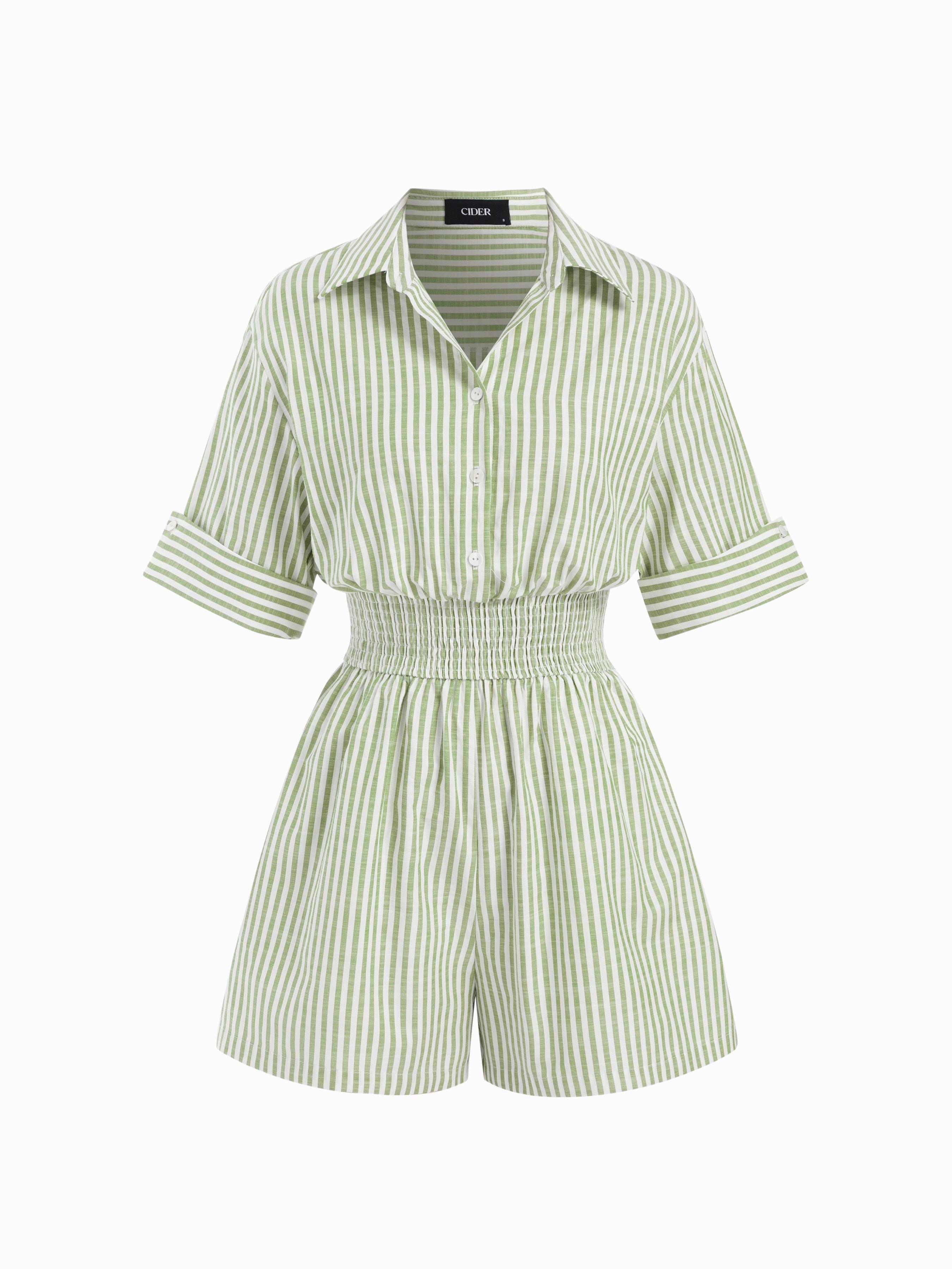 Cotton-Blend Striped Collar Shirred Waist Romper by CIDER