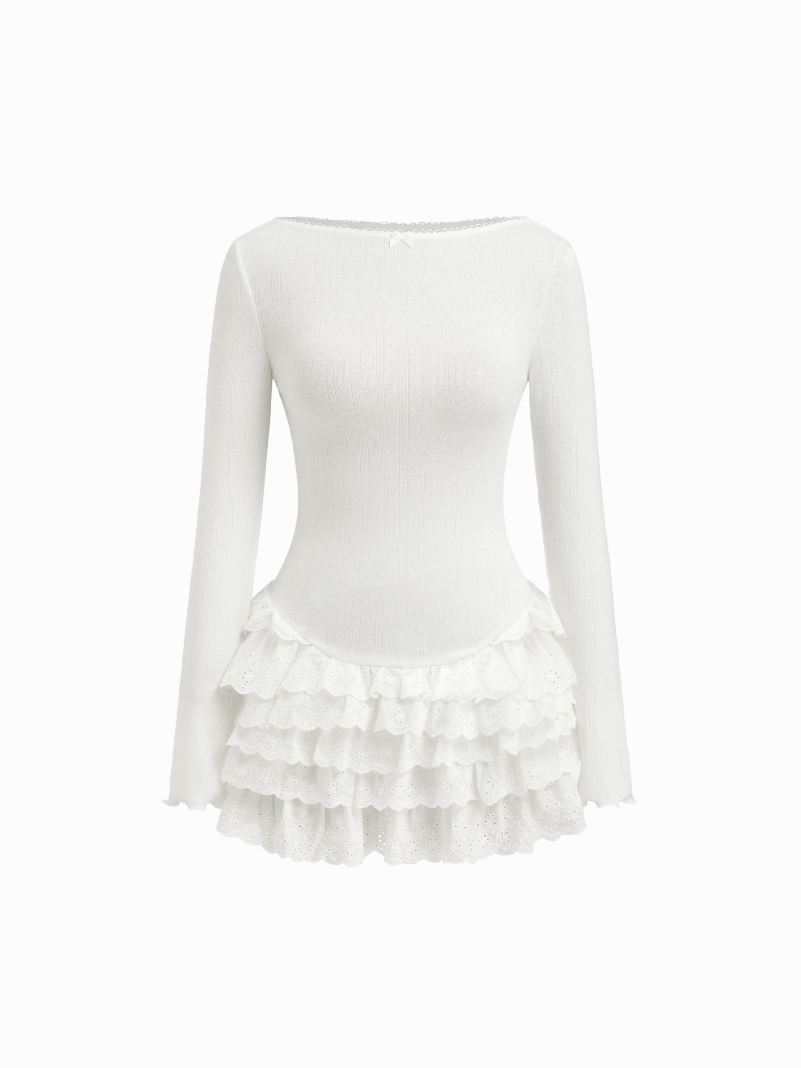 Cotton Boat Neck Broderie Anglaise Layered Mini Dress With Shorts by CIDER