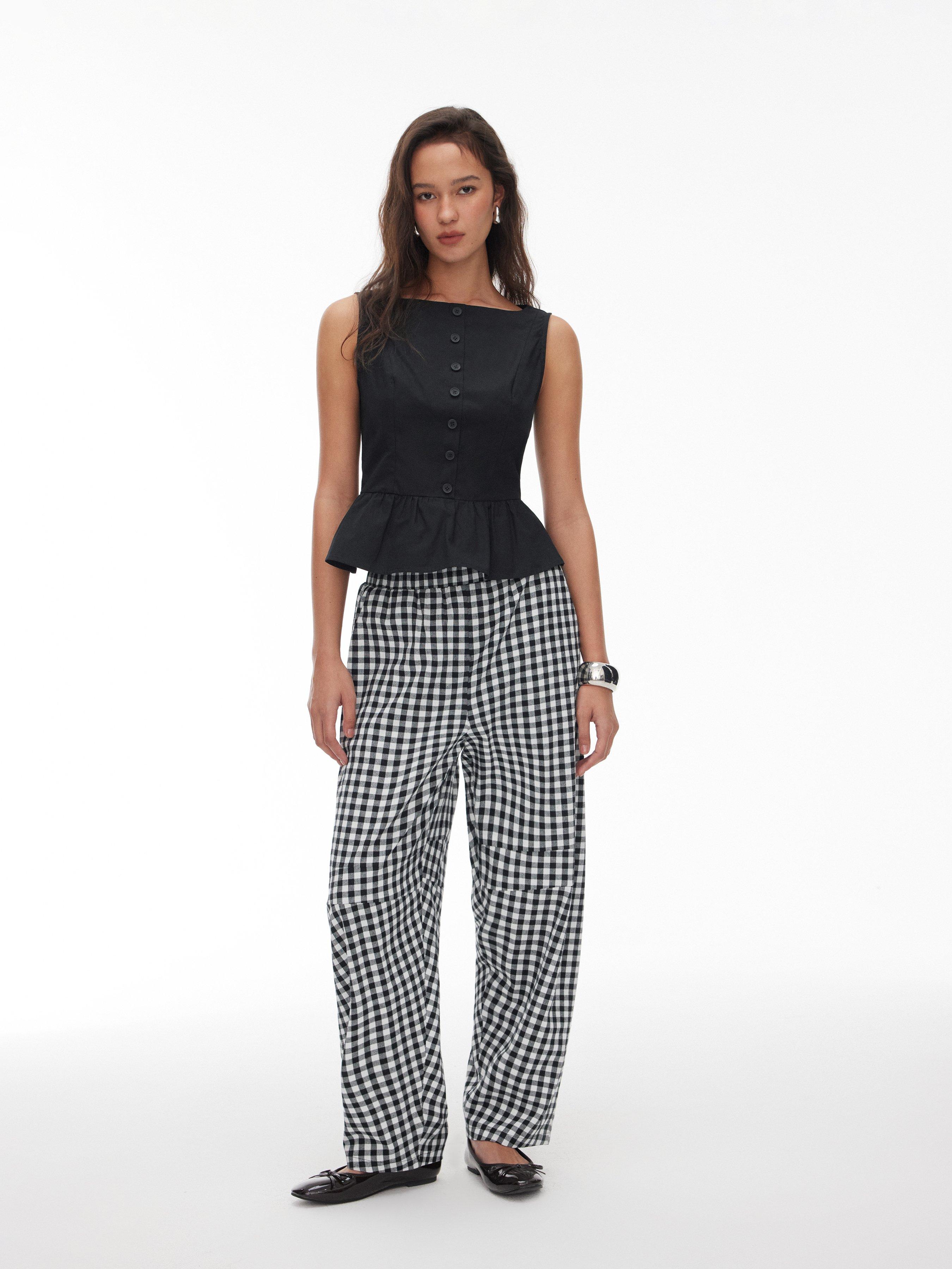 Cotton Boat Neck Peplum Top & Gingham Mid Rise Barrel-leg Trousers Set by CIDER