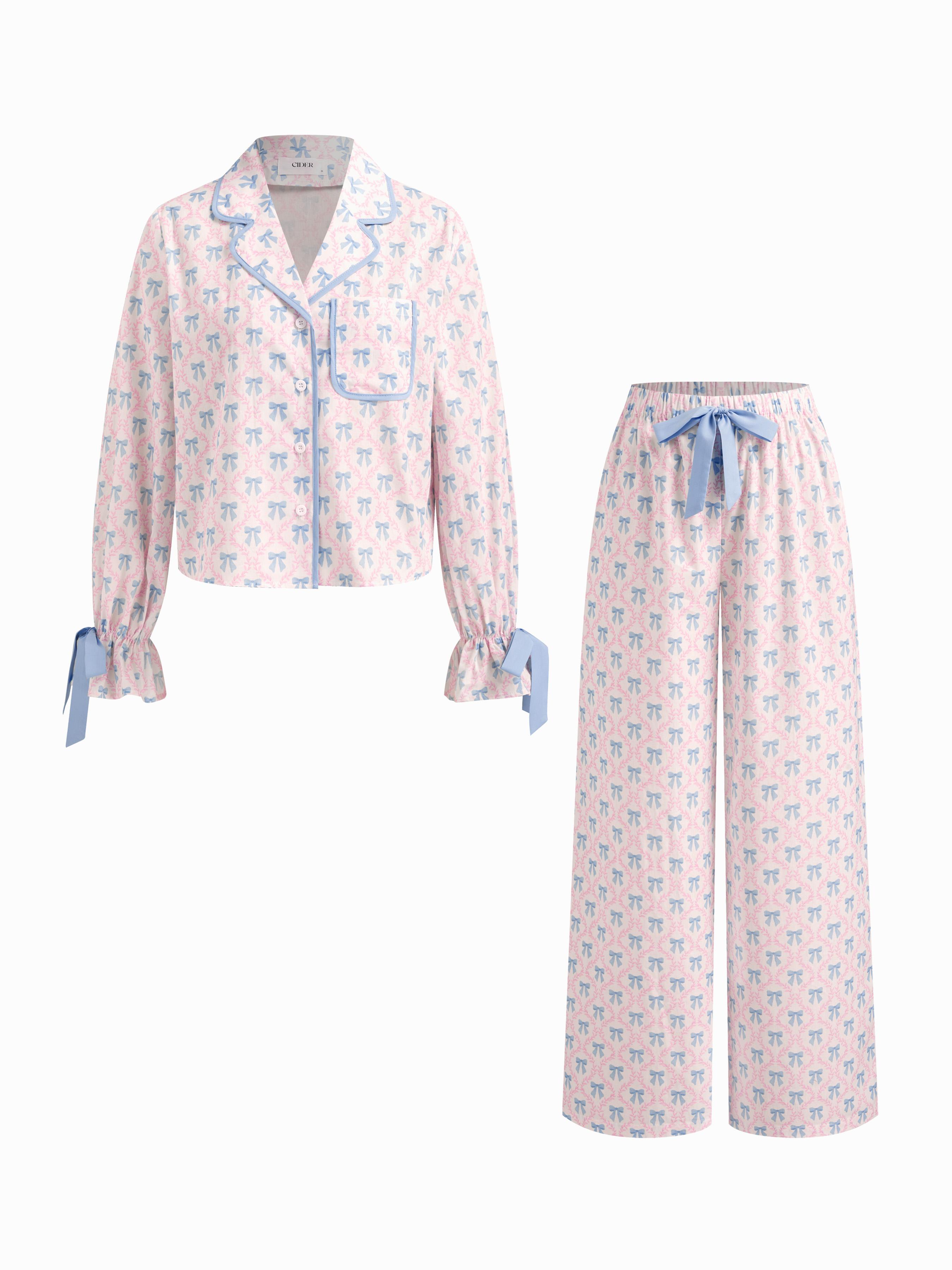 Cotton Bowknot Graphic Knotted Oversized Top & Mid Rise Straight Leg Trousers Loungewear Set by CIDER